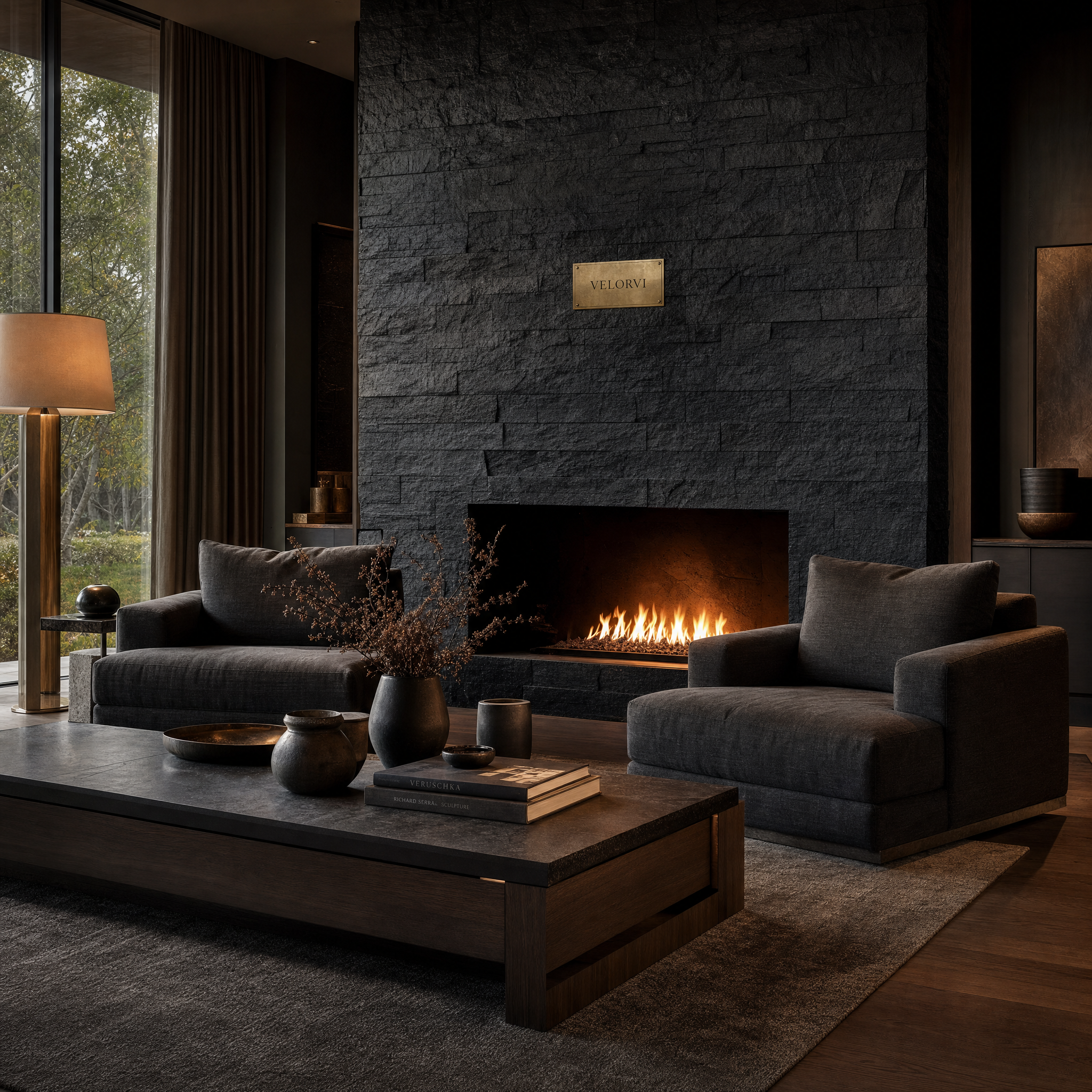 Velorvi - Moody modern living room with stone fireplace and Velorvi brass plaque