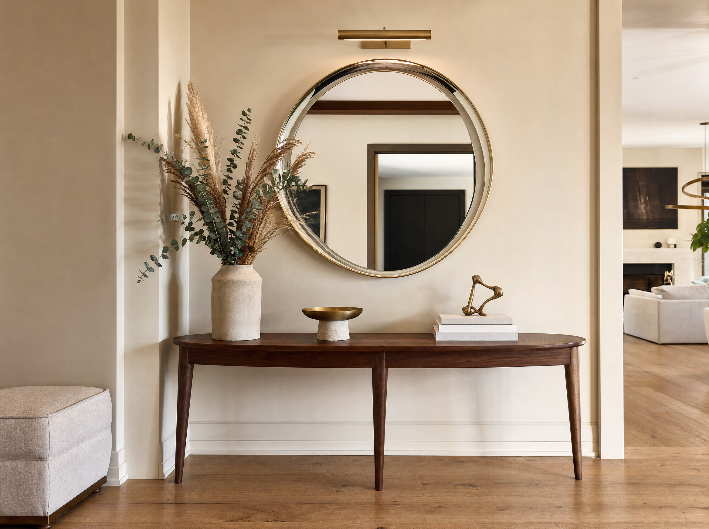Velorvi Home Goods World - entryway with round mirror and console