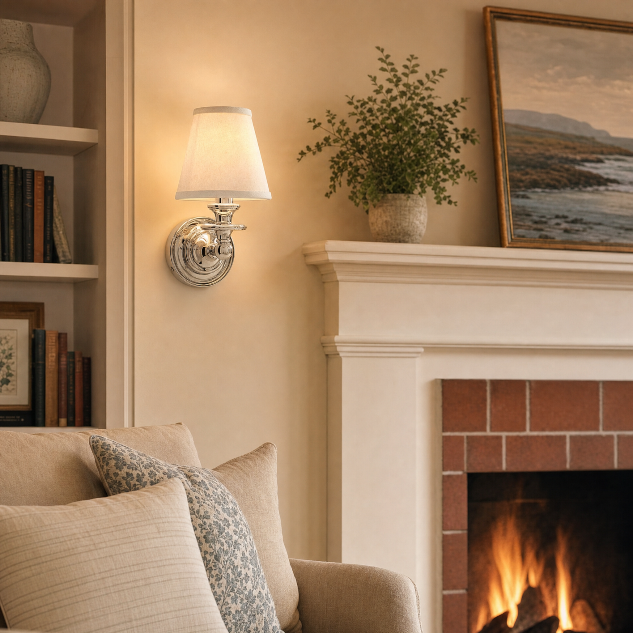 Rowan Drum Shade Sconce - cottage living room lifestyle
