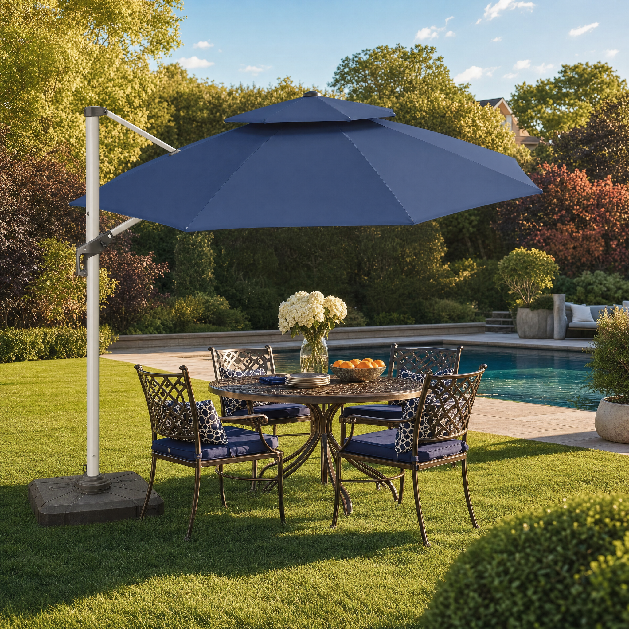 Purple Leaf Double Top 11ft Round Sunbrella Umbrella - lawn poolside lifestyle