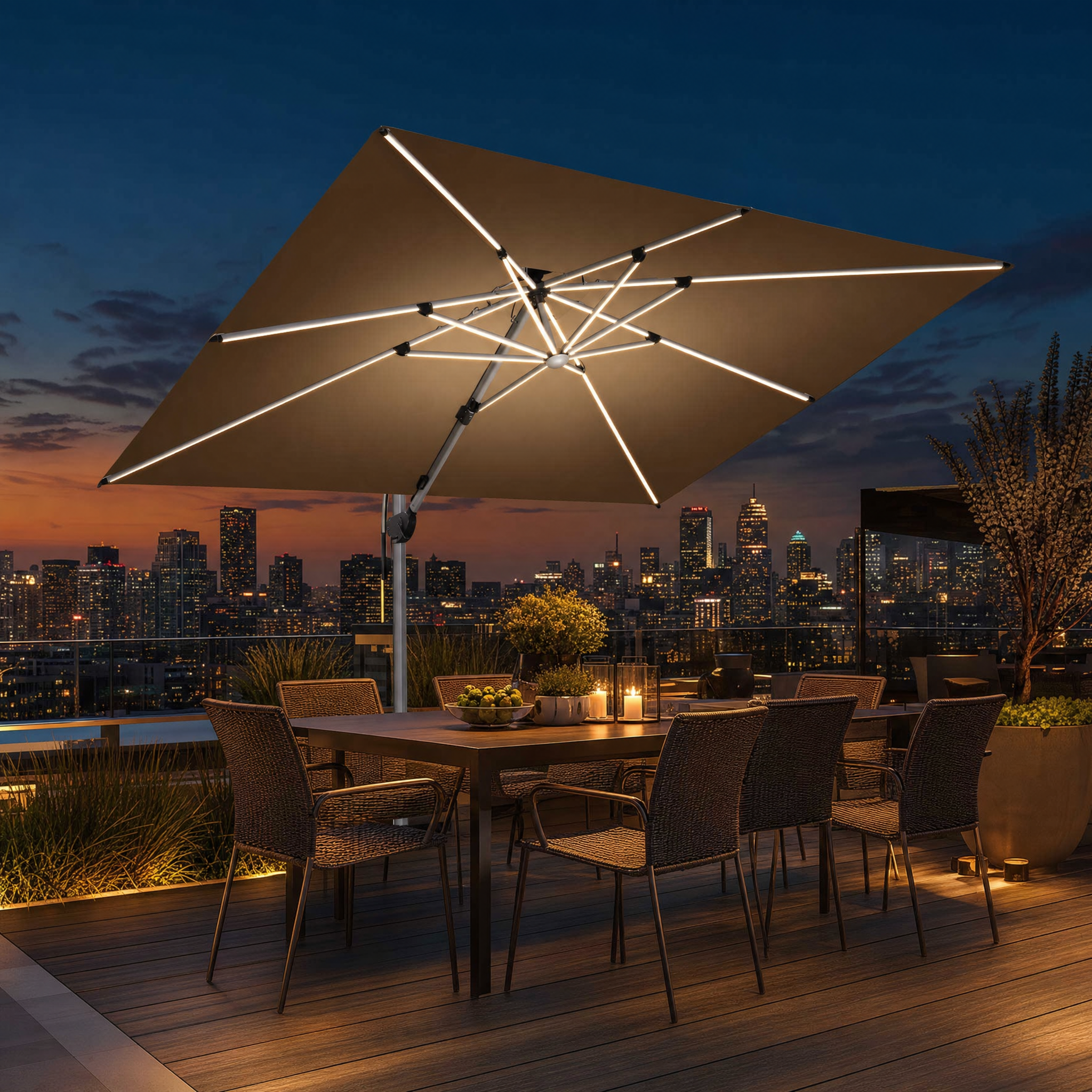 Purple Leaf Solar LED Rectangular Umbrella - rooftop terrace dusk lifestyle
