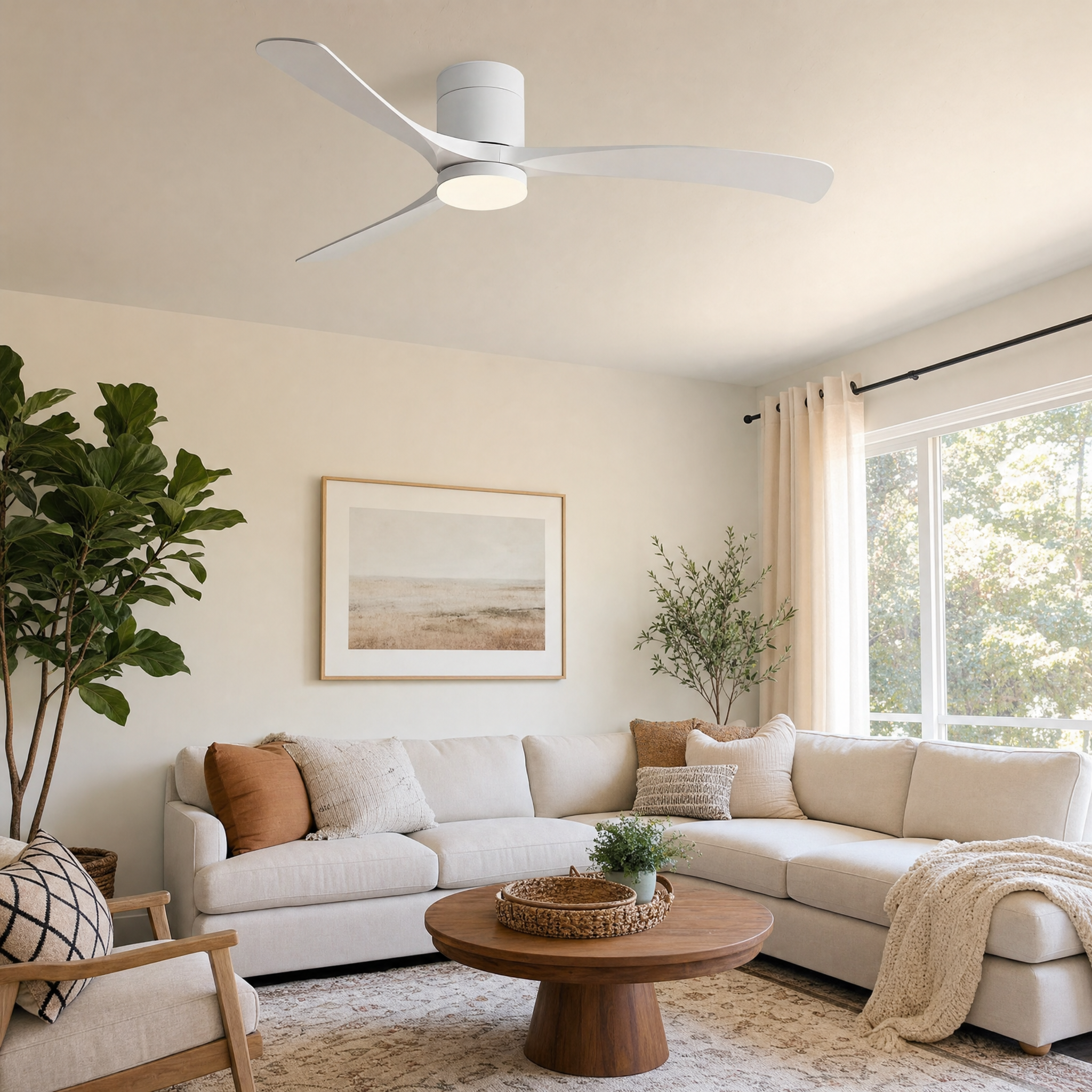 Modern White Ceiling Fan with Light - living room lifestyle