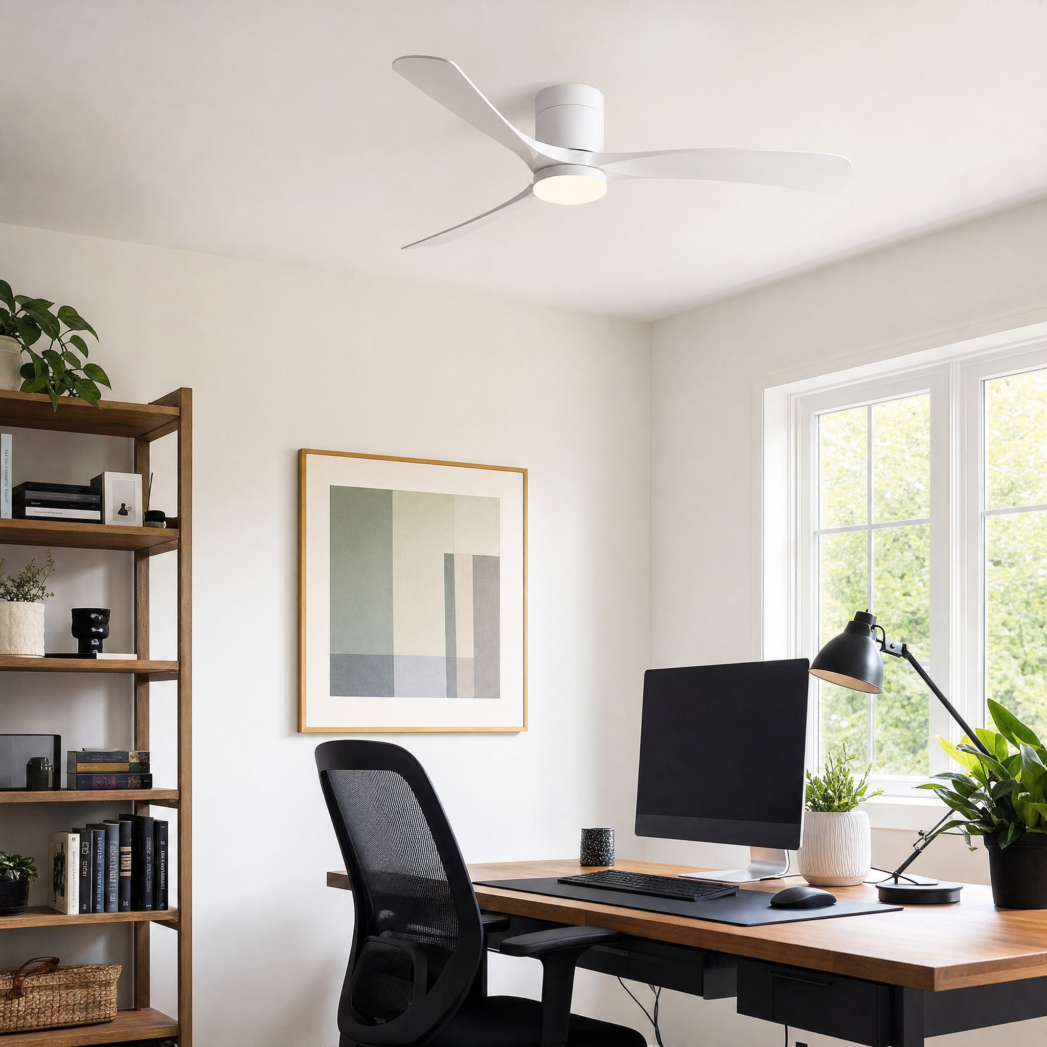 Modern White Ceiling Fan with Light - home office lifestyle