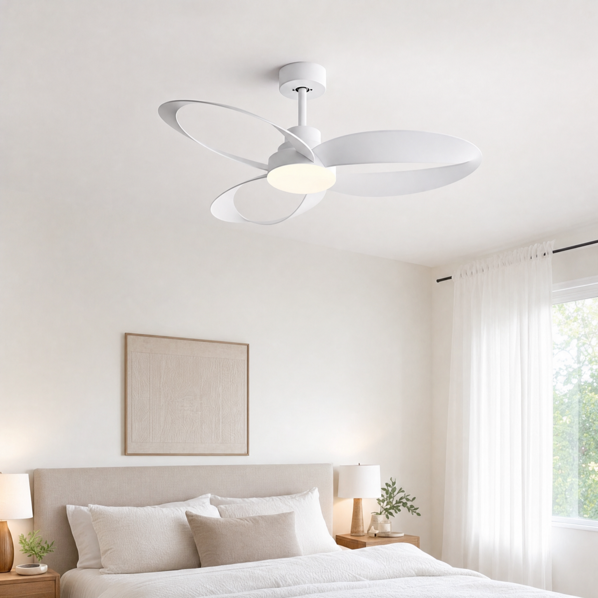Geometric White Ceiling Fan Light - bedroom lifestyle