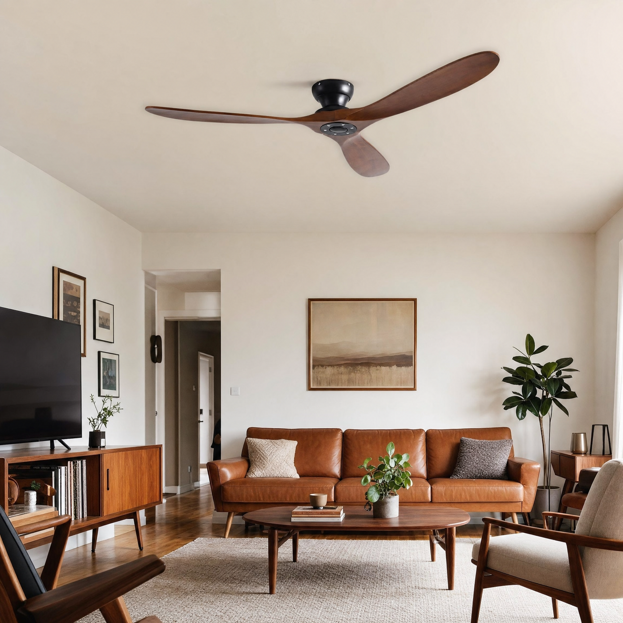 Scandinavian Walnut Wood Ceiling Fan - mid-century living room lifestyle
