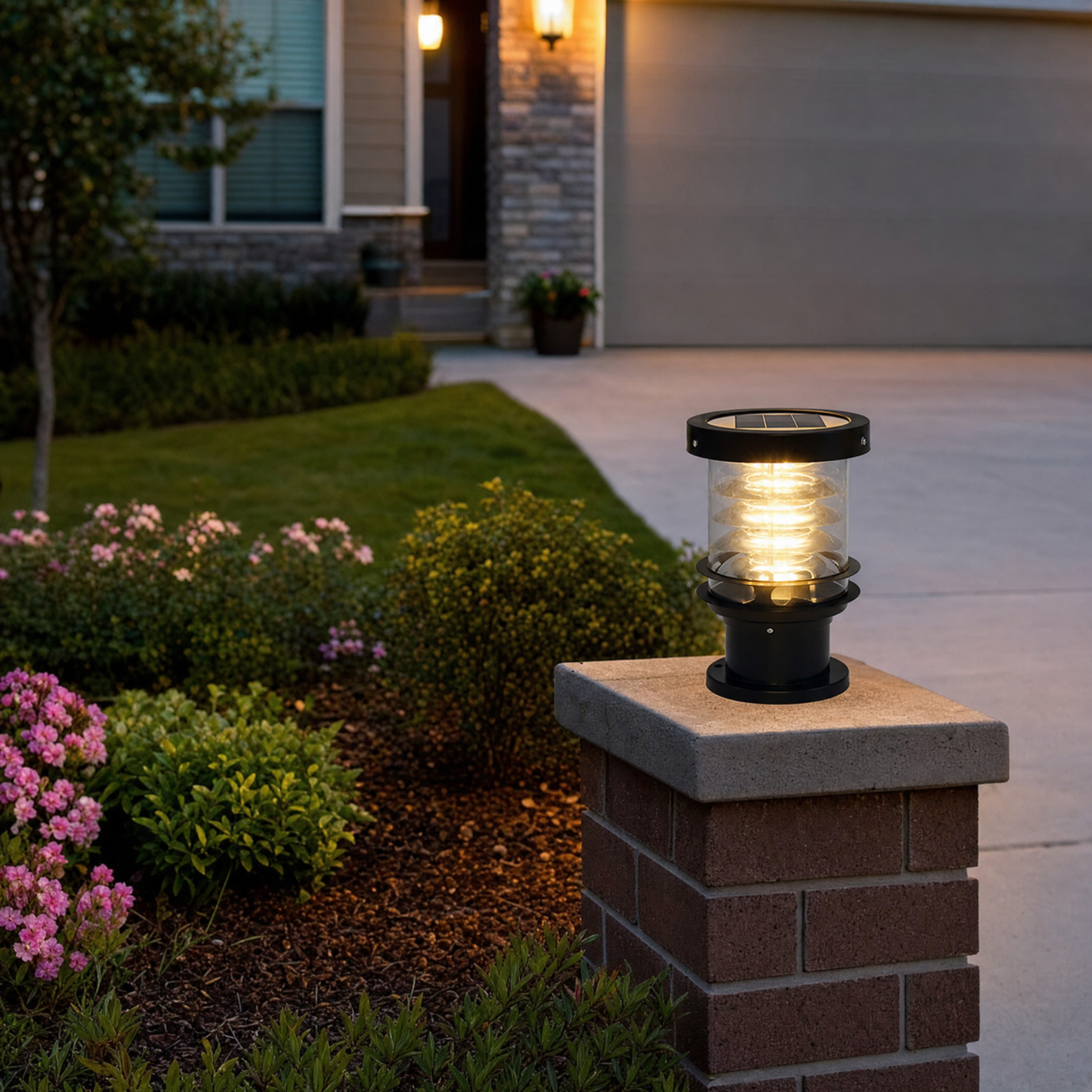 Cylinder Tiered Pillar Light - driveway pier lifestyle
