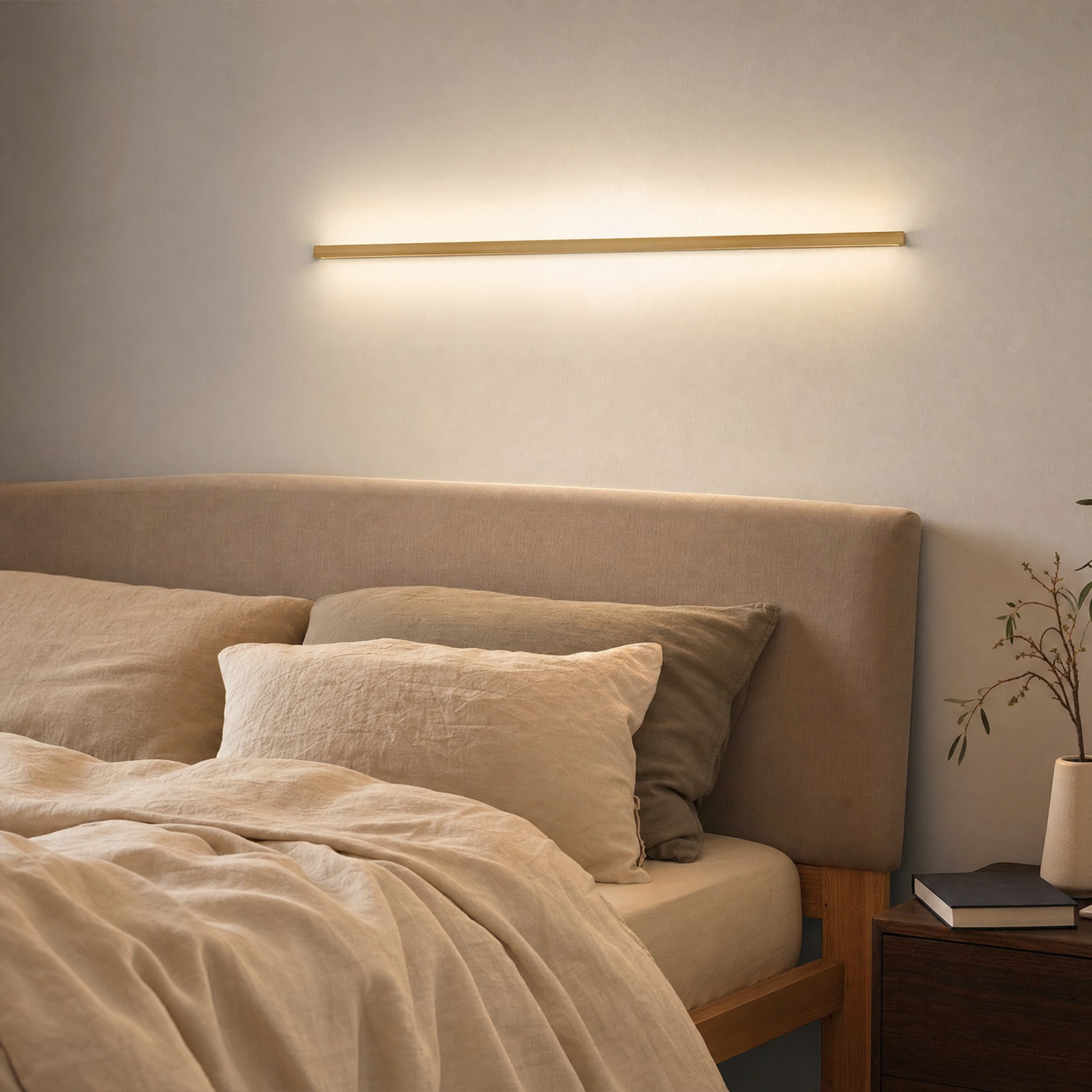 Wood up & down LED strip wall sconce above bedroom headboard