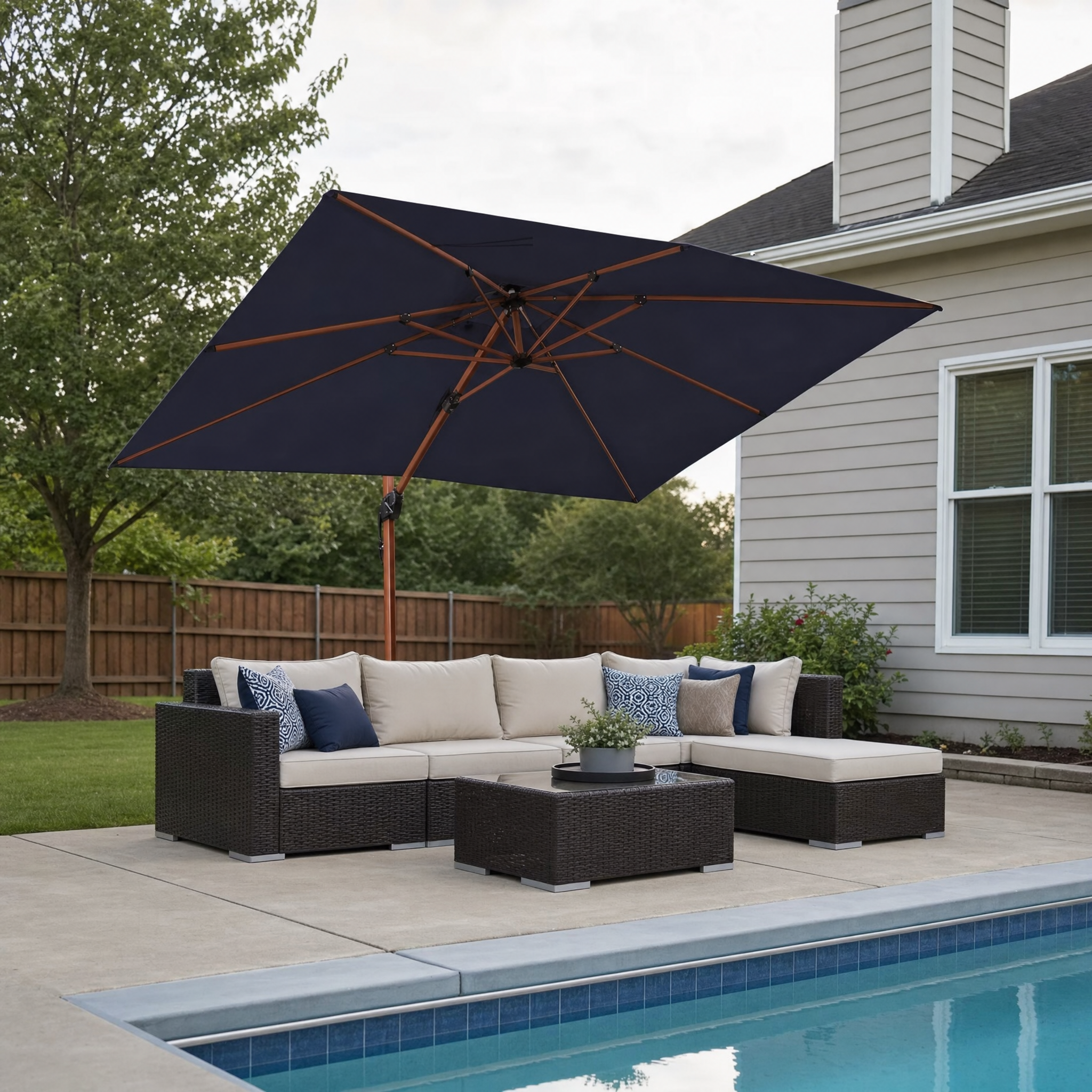 Navy rectangular cantilever umbrella with wood-grain pole over patio sofa