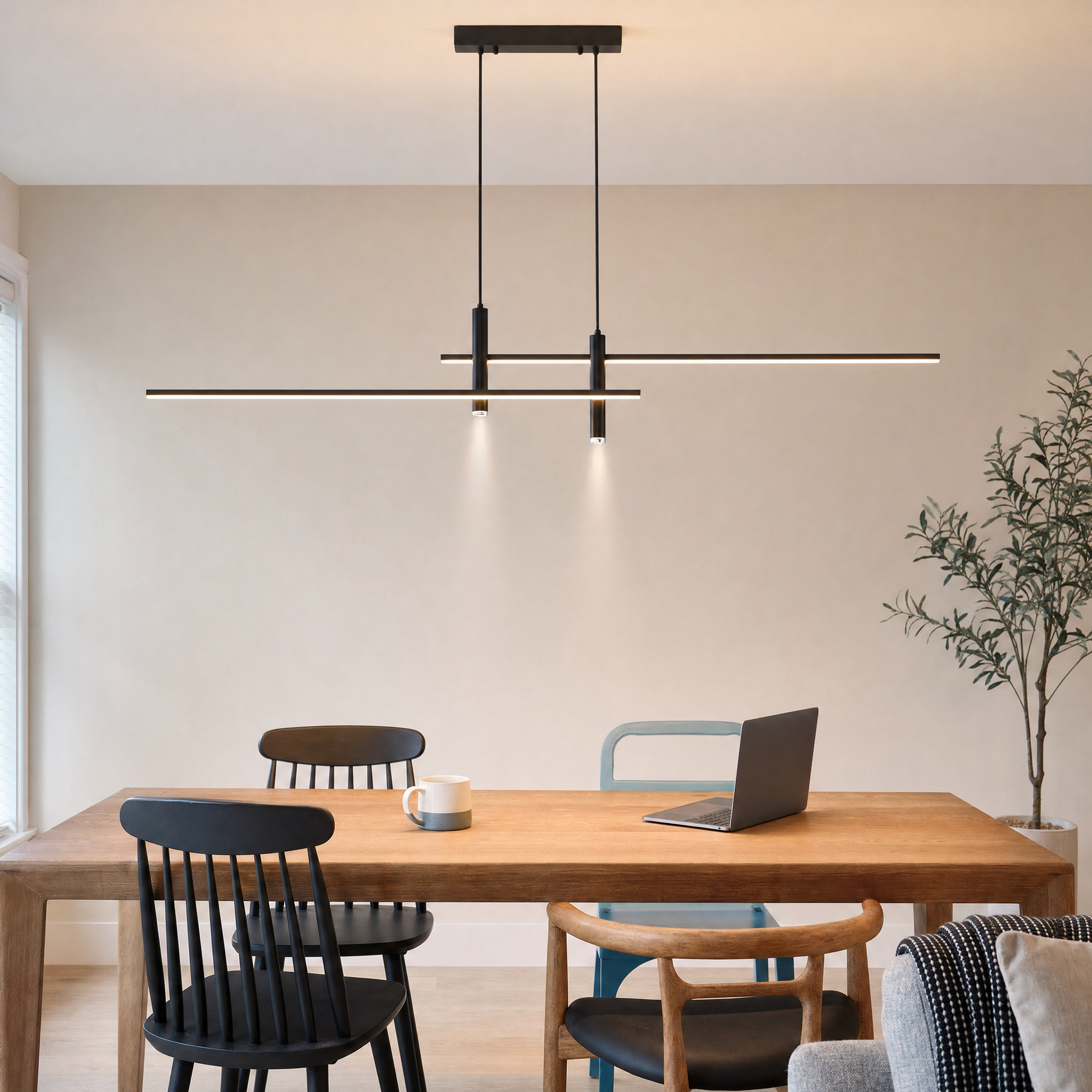 Minimalist LED long strip pendant over dining table