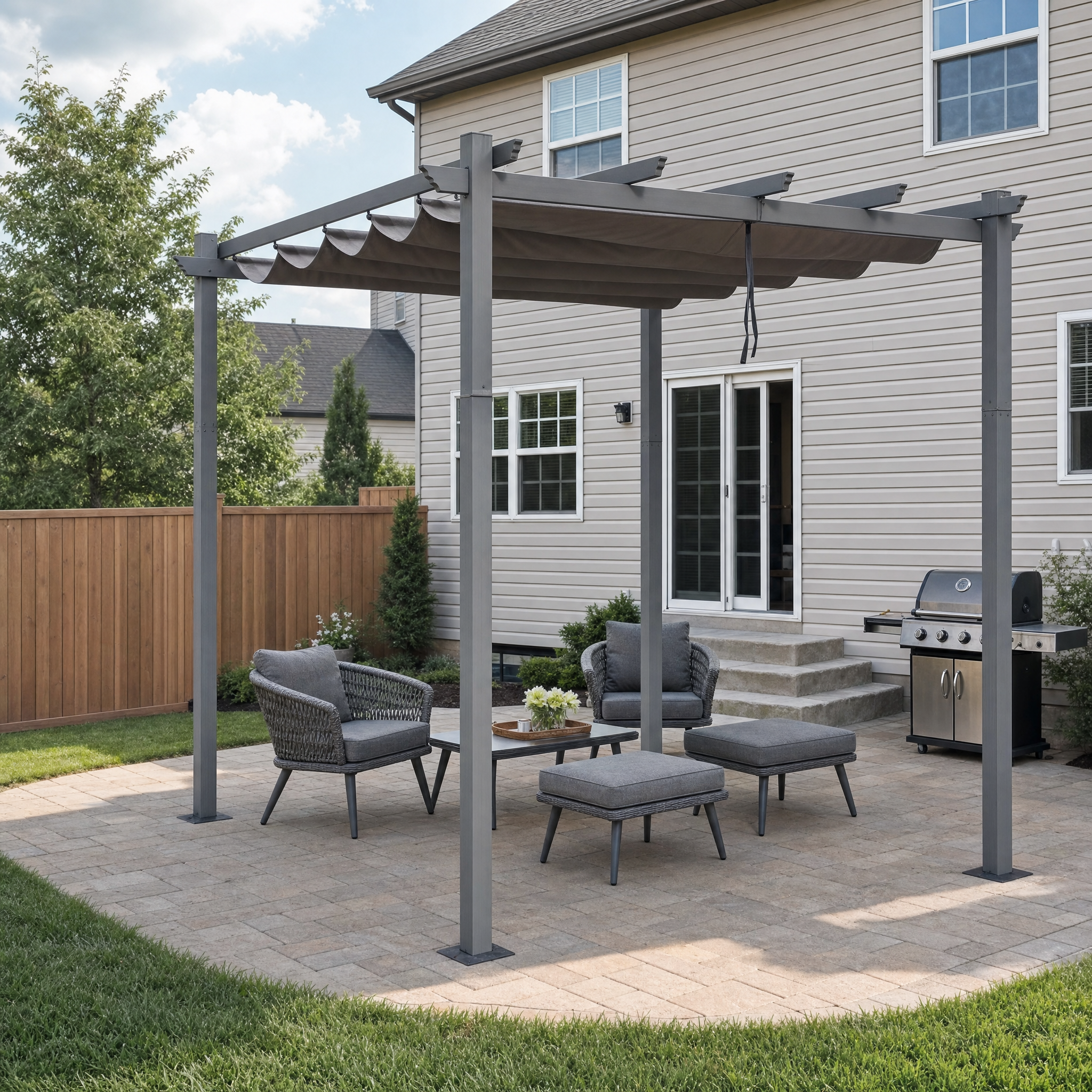 Grey aluminum louvered pergola with retractable canopy on suburban paver patio