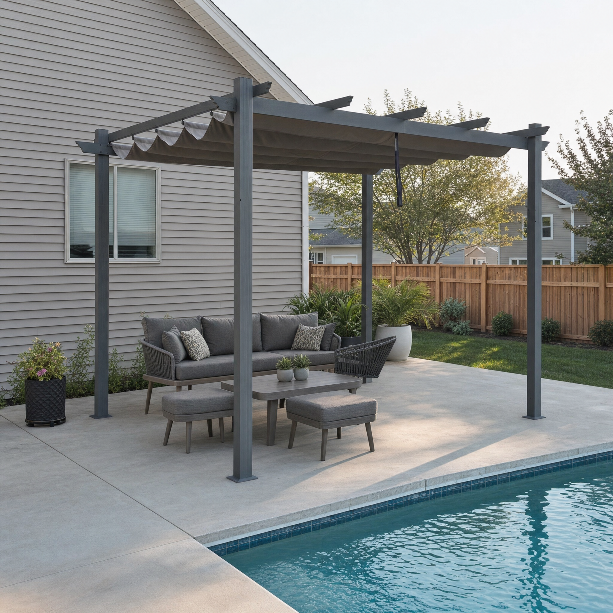 Grey 4-post louvered pergola with grey wicker lounge set in backyard