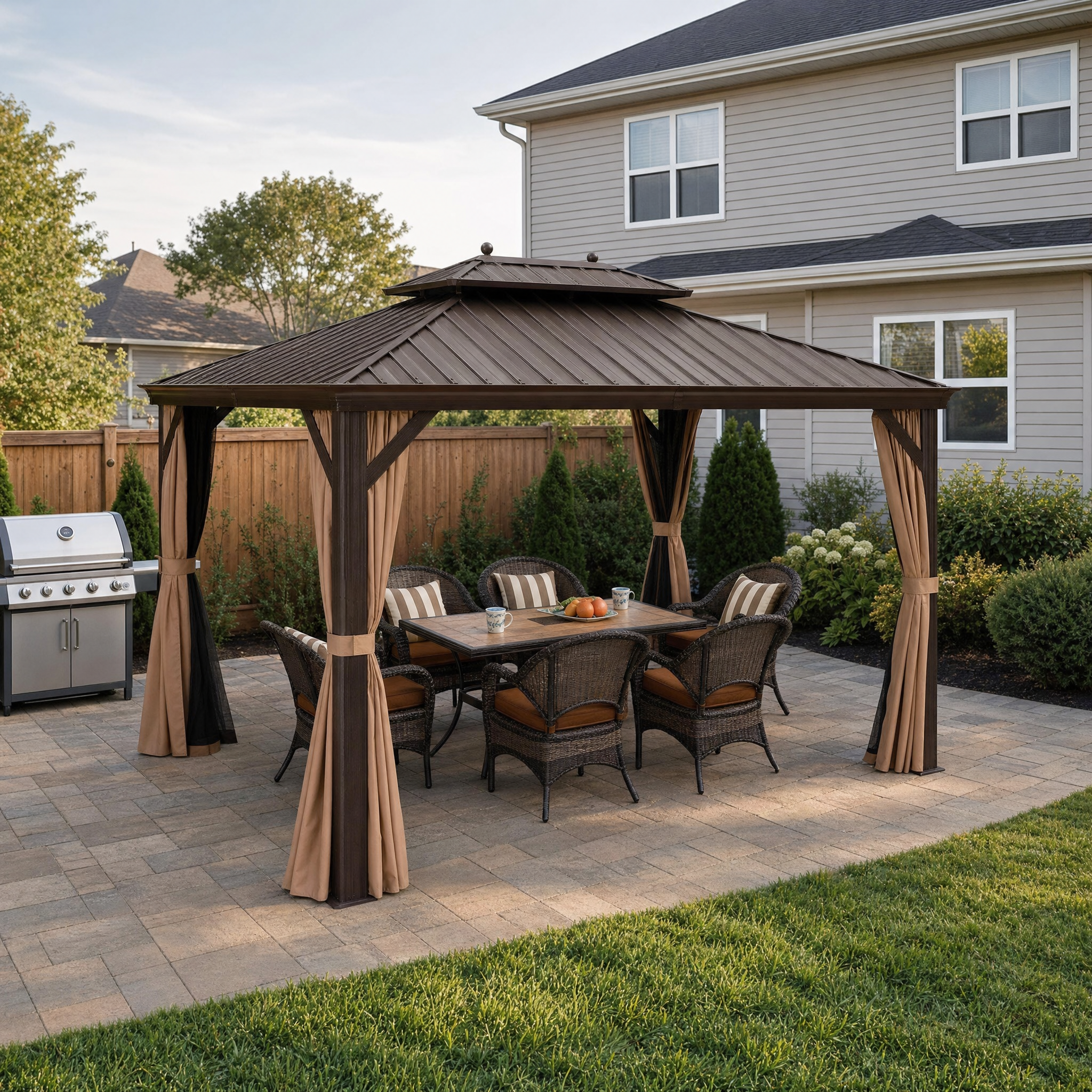Bronze hardtop gazebo with brown roof, curtains and wicker dining set on patio