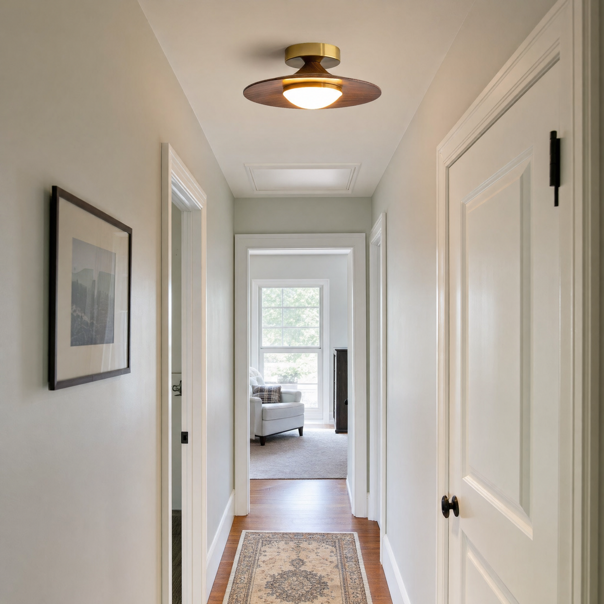Olav walnut disc ceiling lamp in hallway
