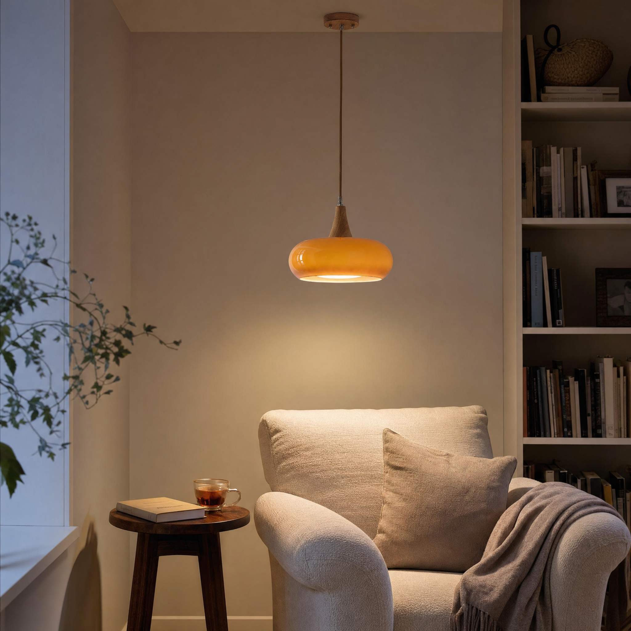 Hailie amber glass pendant in living room reading nook