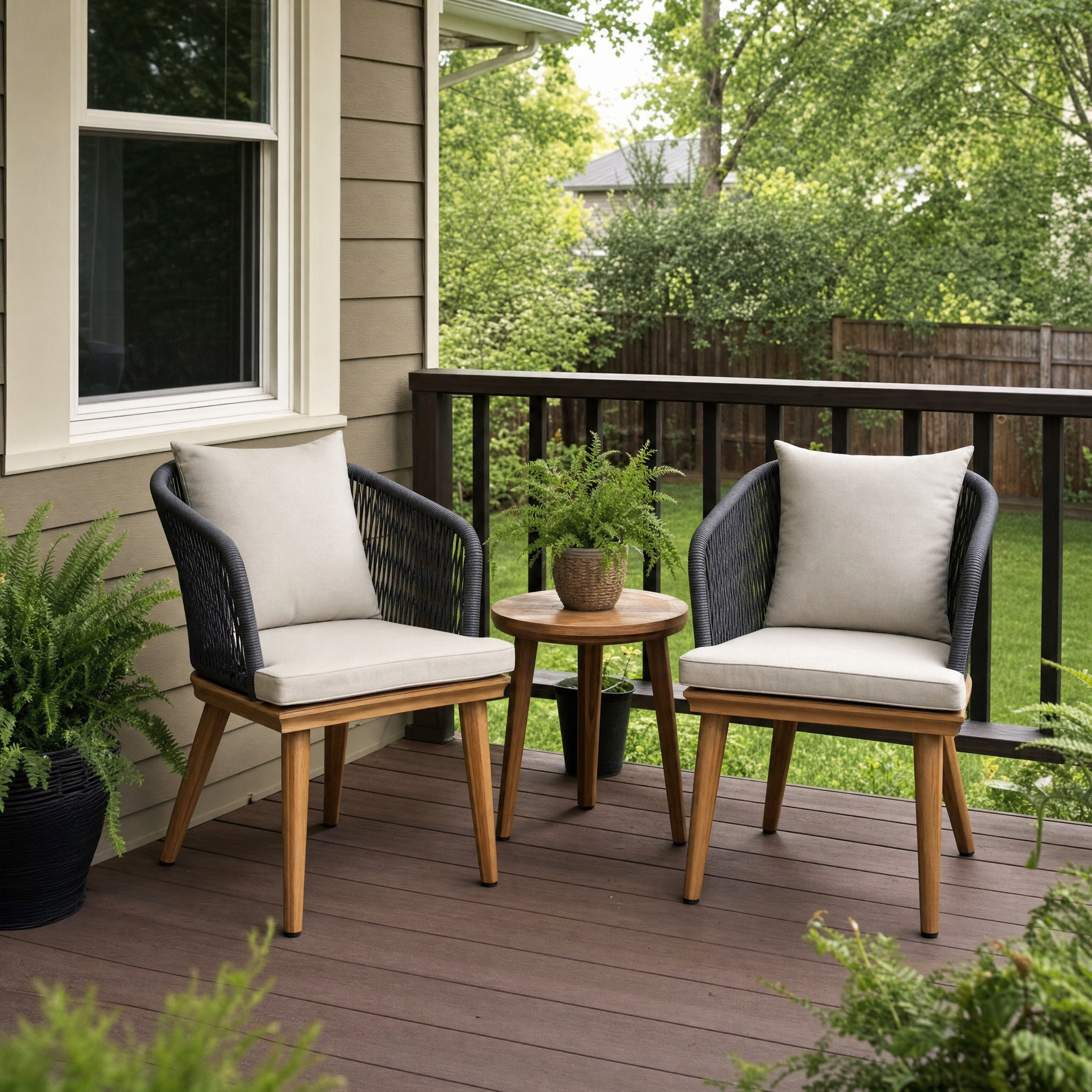 Grey rope-back bistro set with natural wood legs and cream cushions on deck