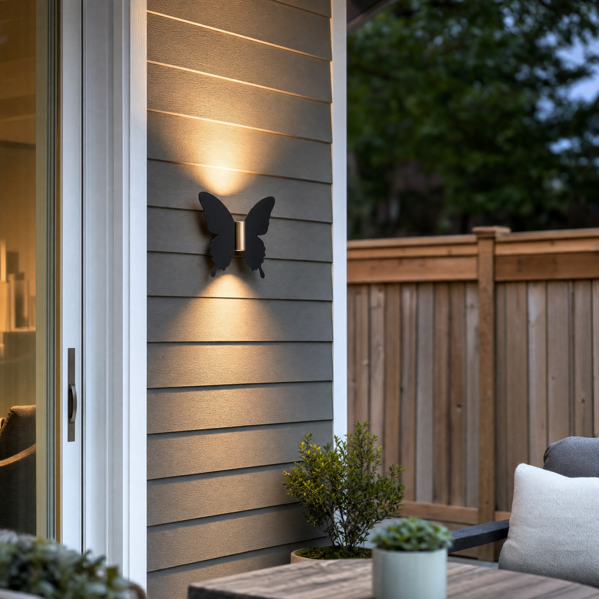 Butterfly wall light on backyard patio wall in evening