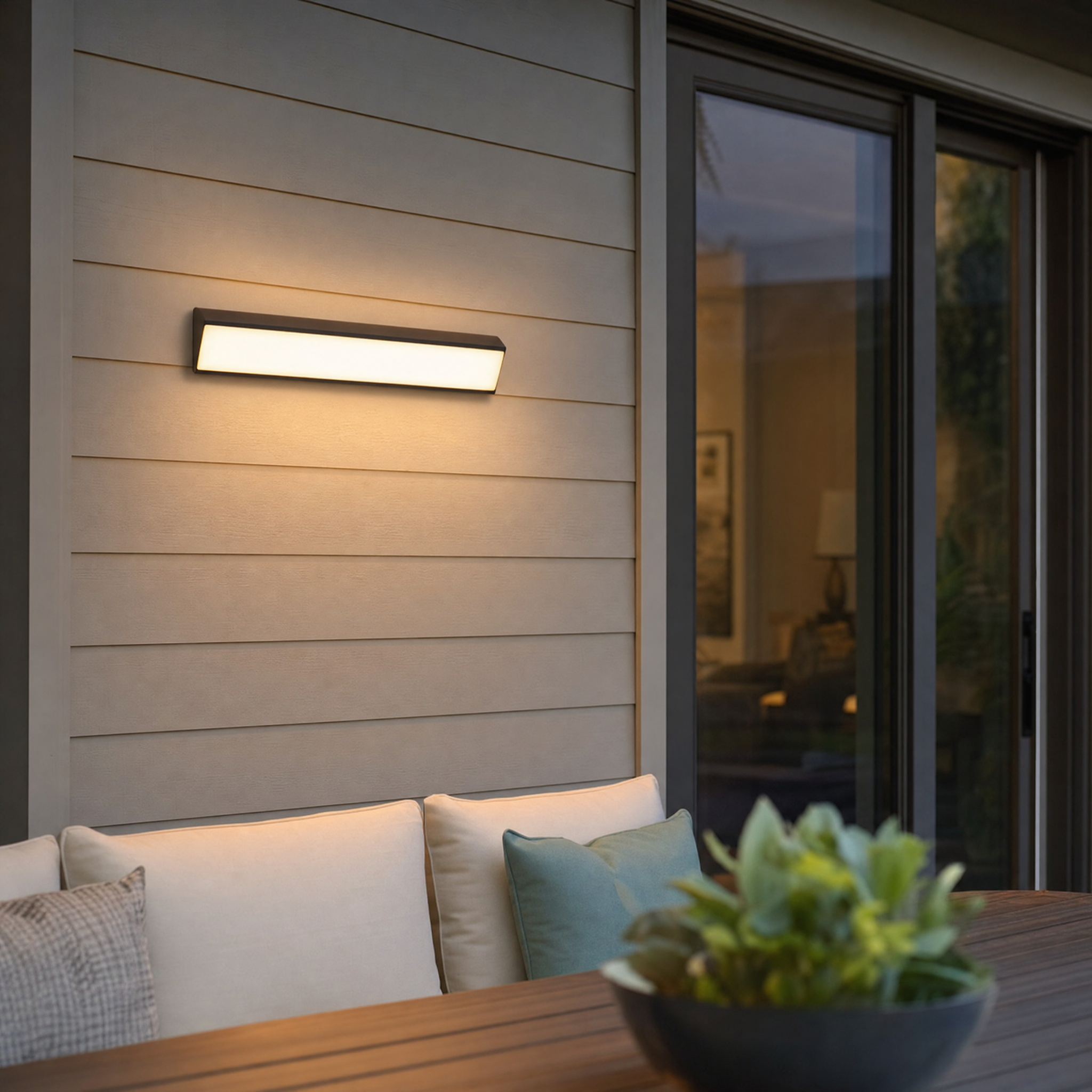 Slim black LED bar wall light on patio siding above outdoor seating