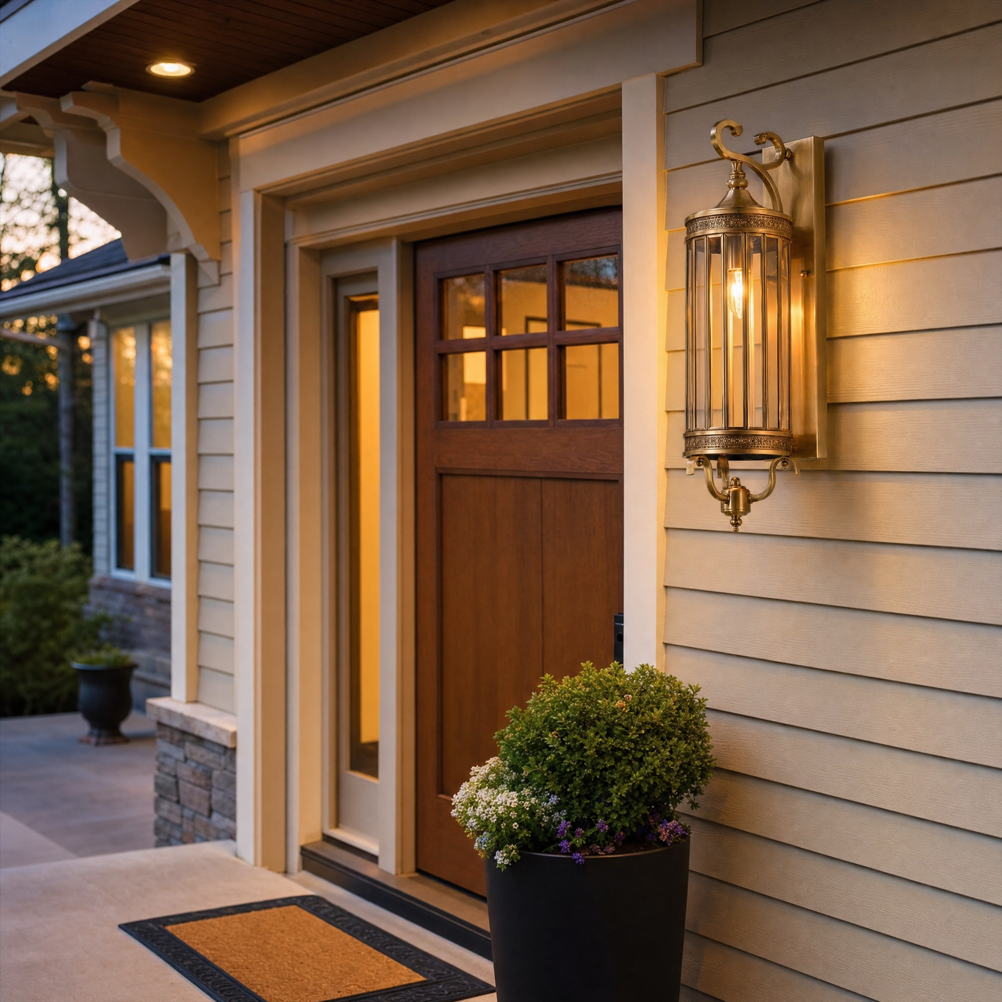 Brass cage wall lantern beside craftsman front door at dusk