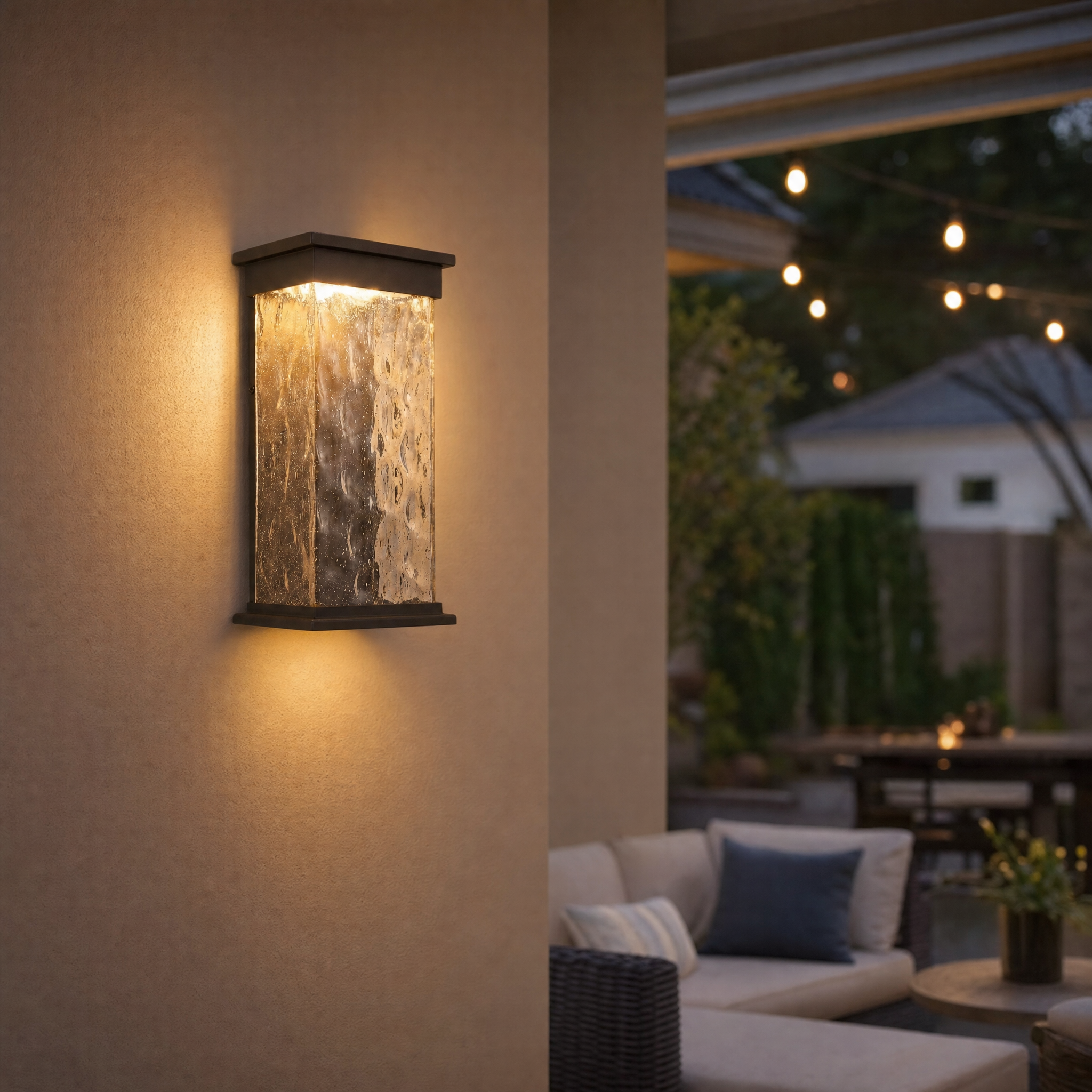 Bronze water-glass wall light on patio column with string lights at dusk