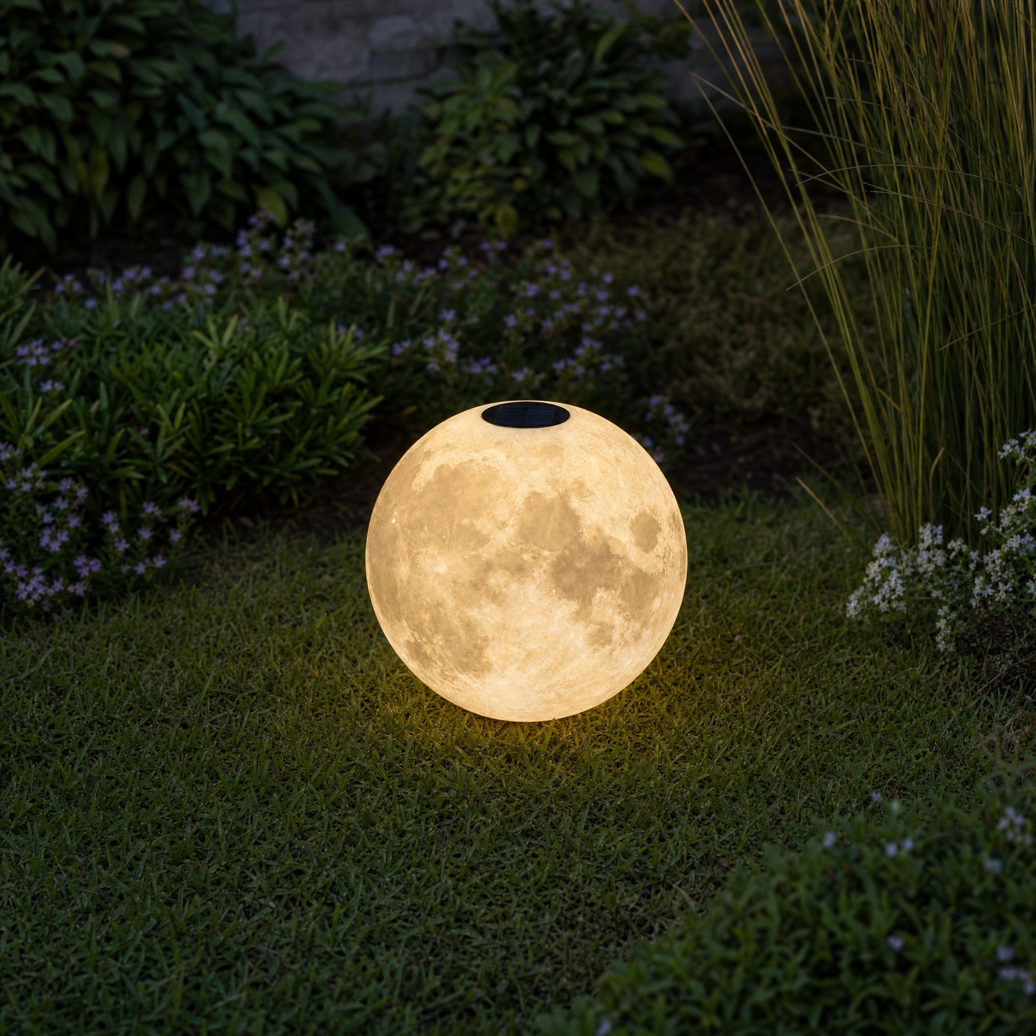 Moon-glow sphere garden light on a backyard lawn at dusk