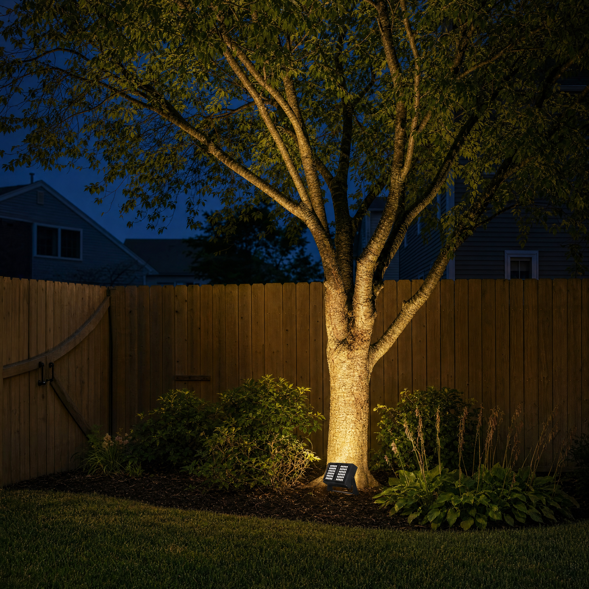 Landscape spotlight uplighting a backyard tree at night