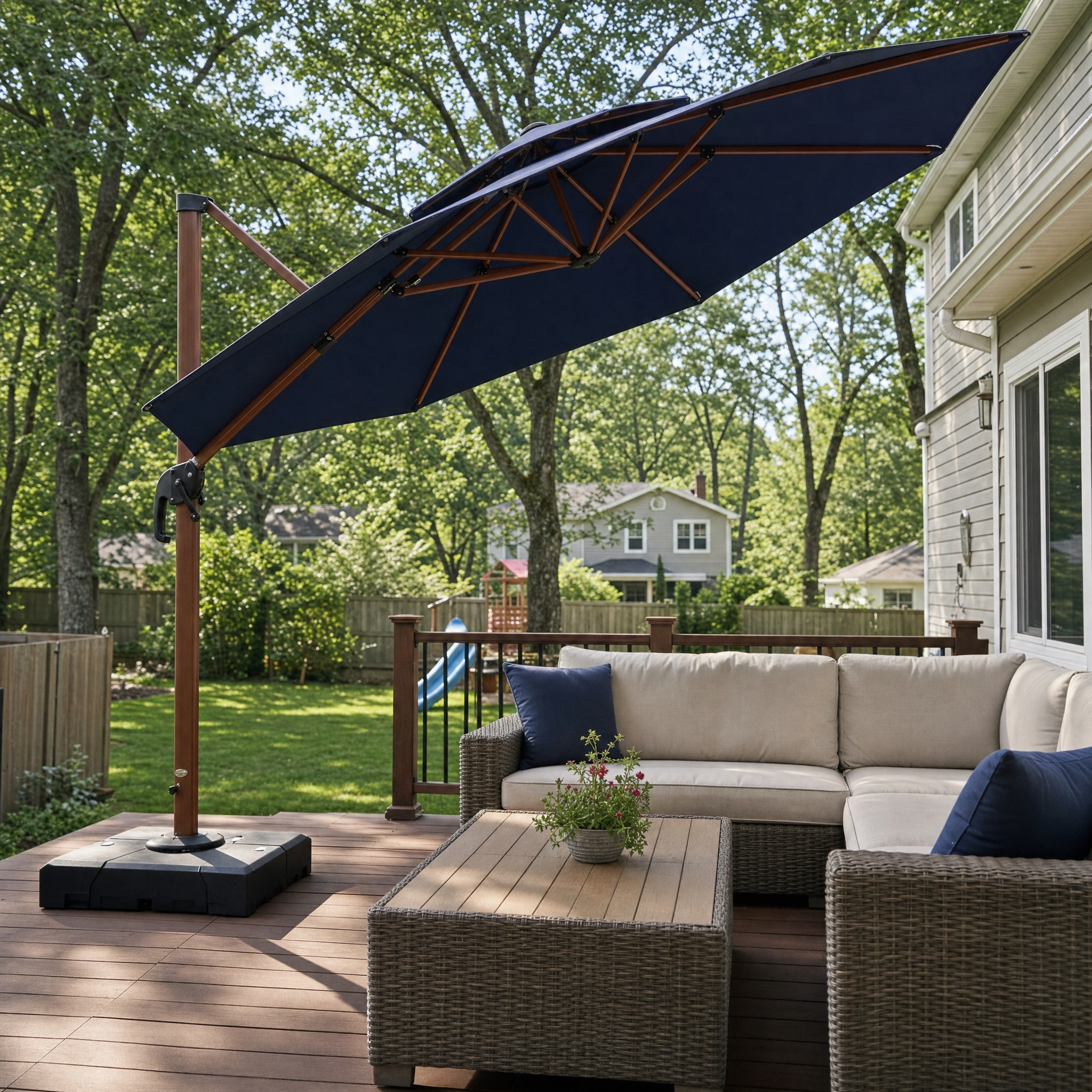 Round navy cantilever patio umbrella with wood-color frame over a wicker sectional on a backyard deck