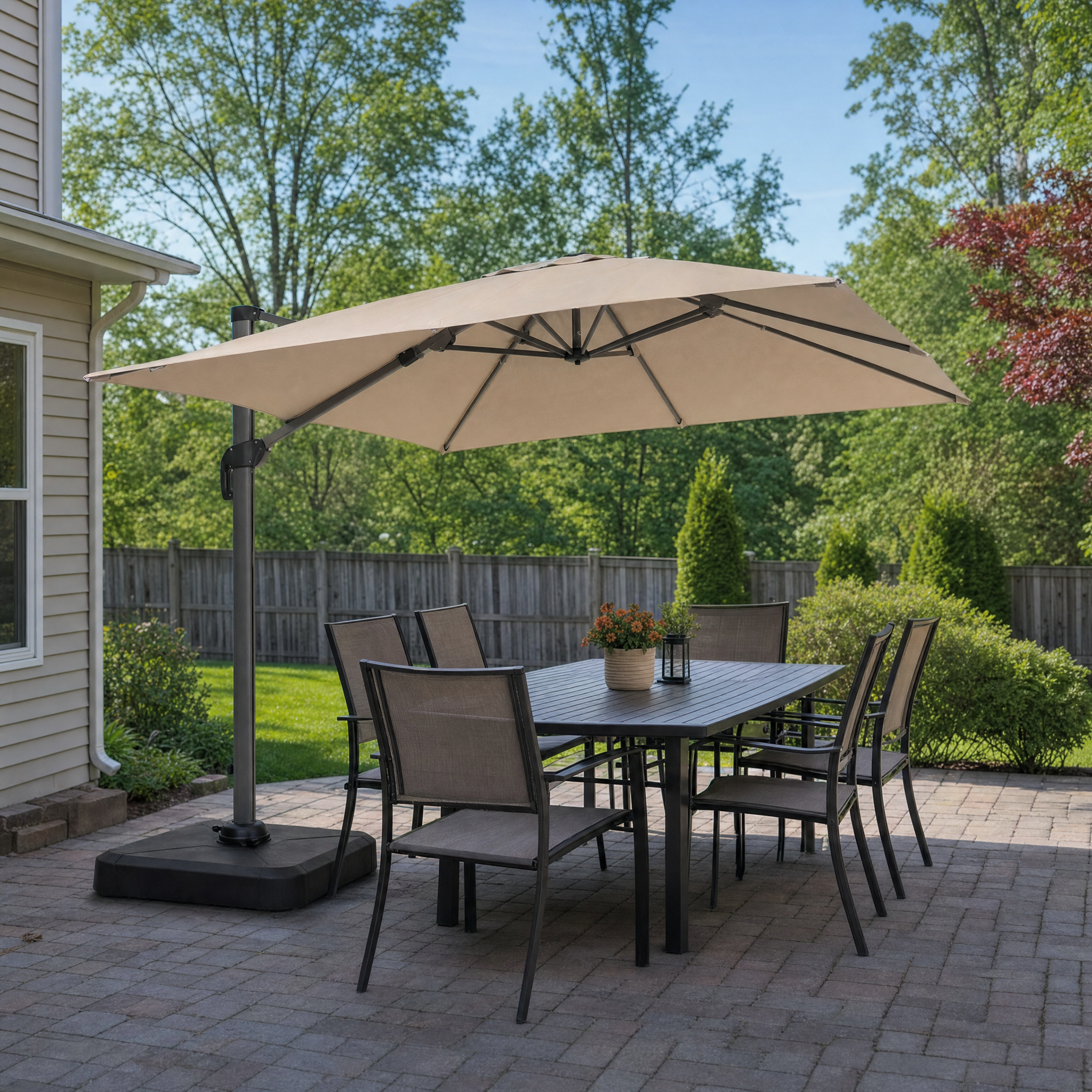 Square taupe cantilever patio umbrella over a sling dining set on a backyard paver patio