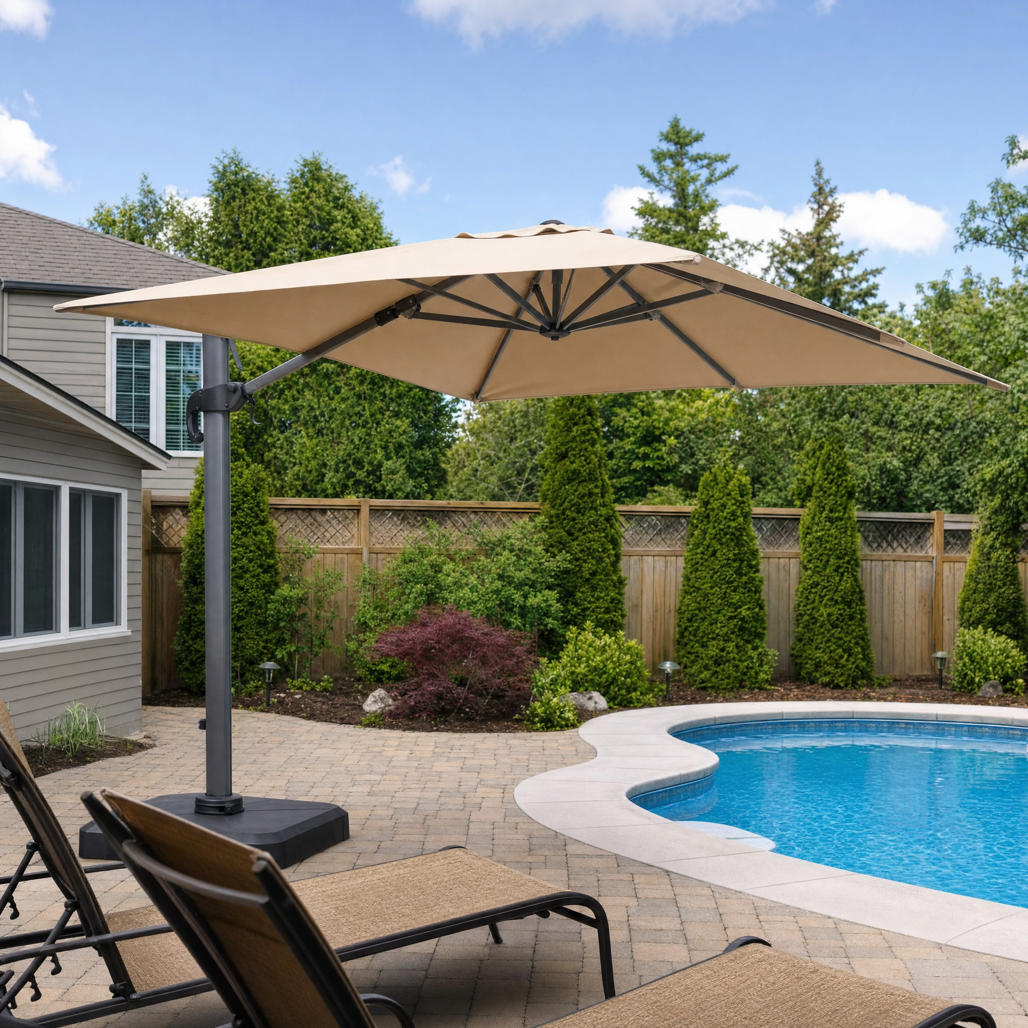 Square taupe cantilever patio umbrella beside an in-ground pool on a paver deck