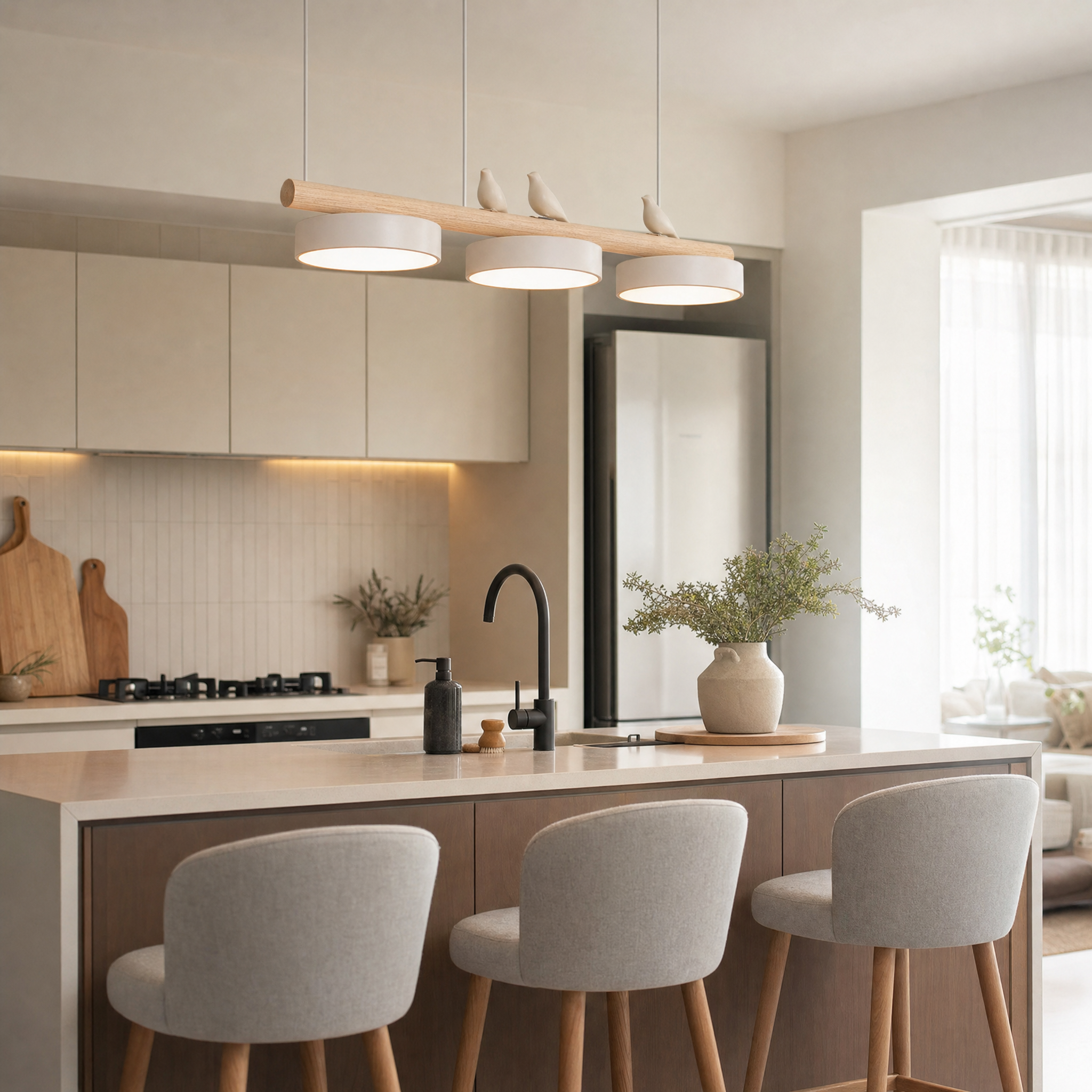 Bird-motif pendant lamp over kitchen island