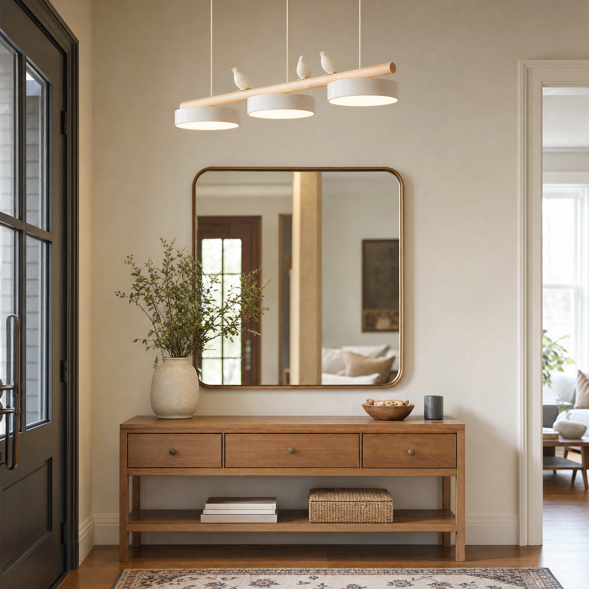 Bird-motif pendant lamp in entryway