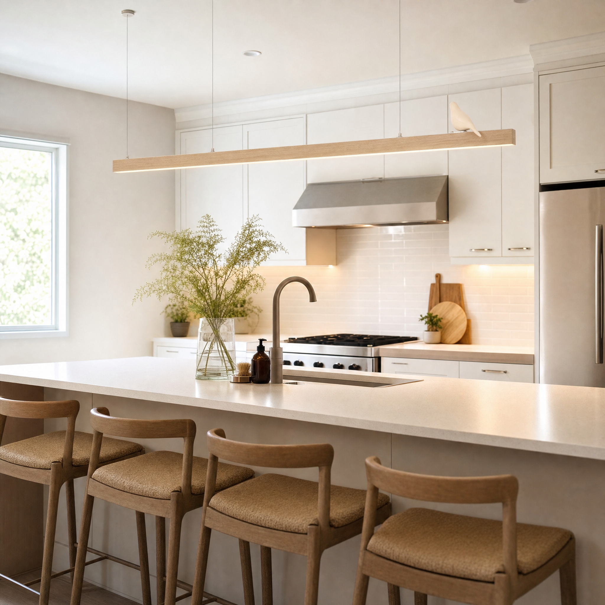 Bird-motif linear chandelier over kitchen island