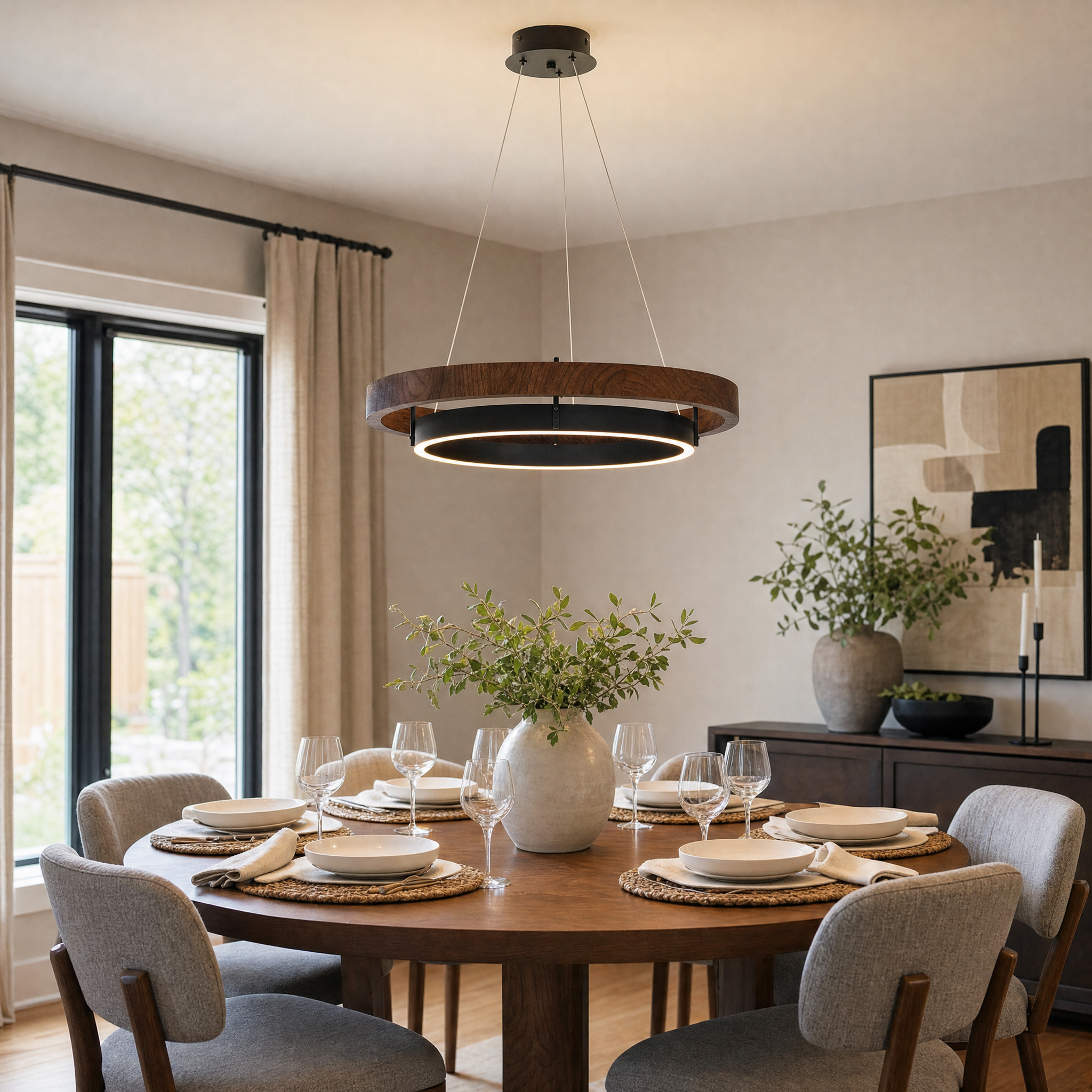 Wood and black LED ring chandelier over dining table