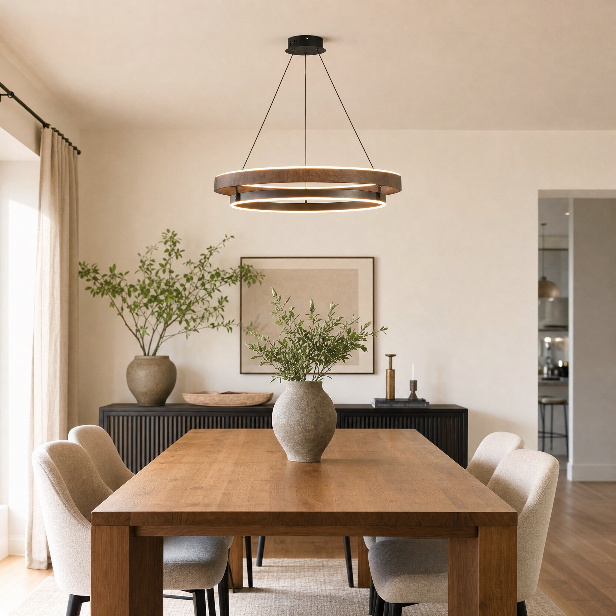 Niseko walnut ring chandelier in modern dining room