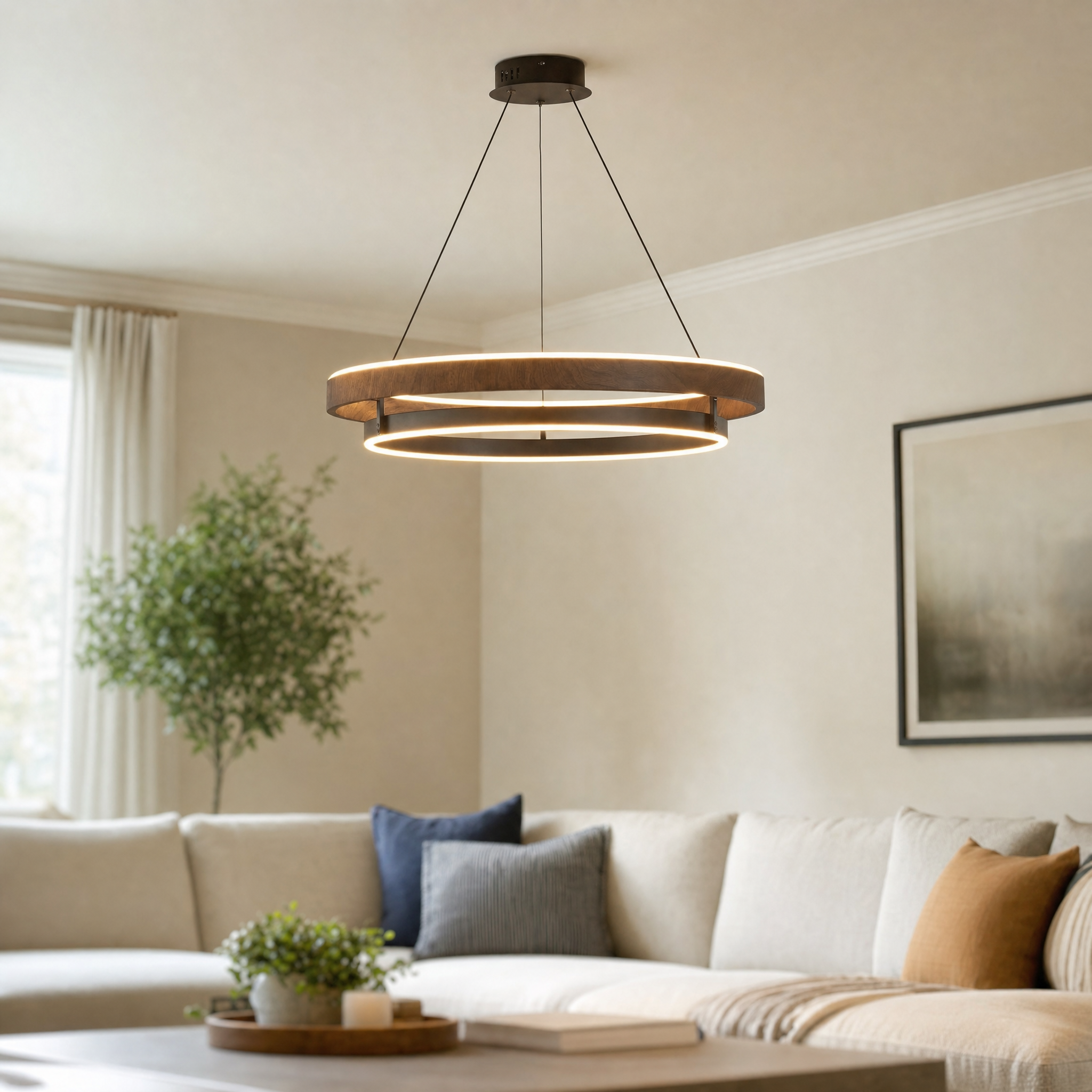Niseko walnut ring chandelier in modern living room