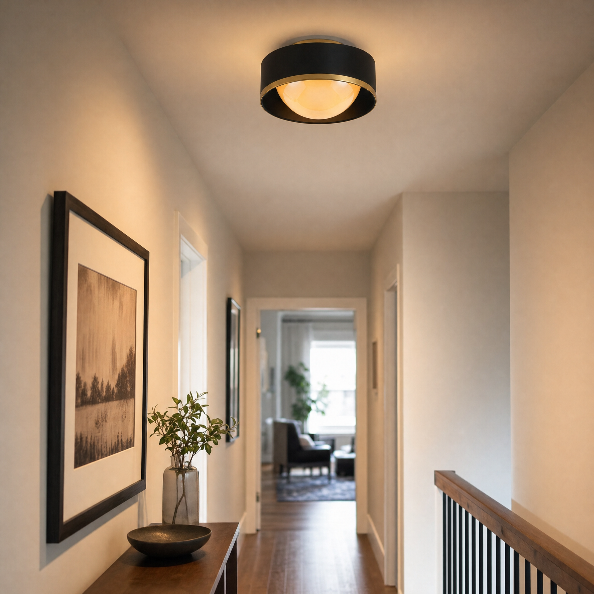 Cerova flush mount ceiling light in a hallway with art and console table