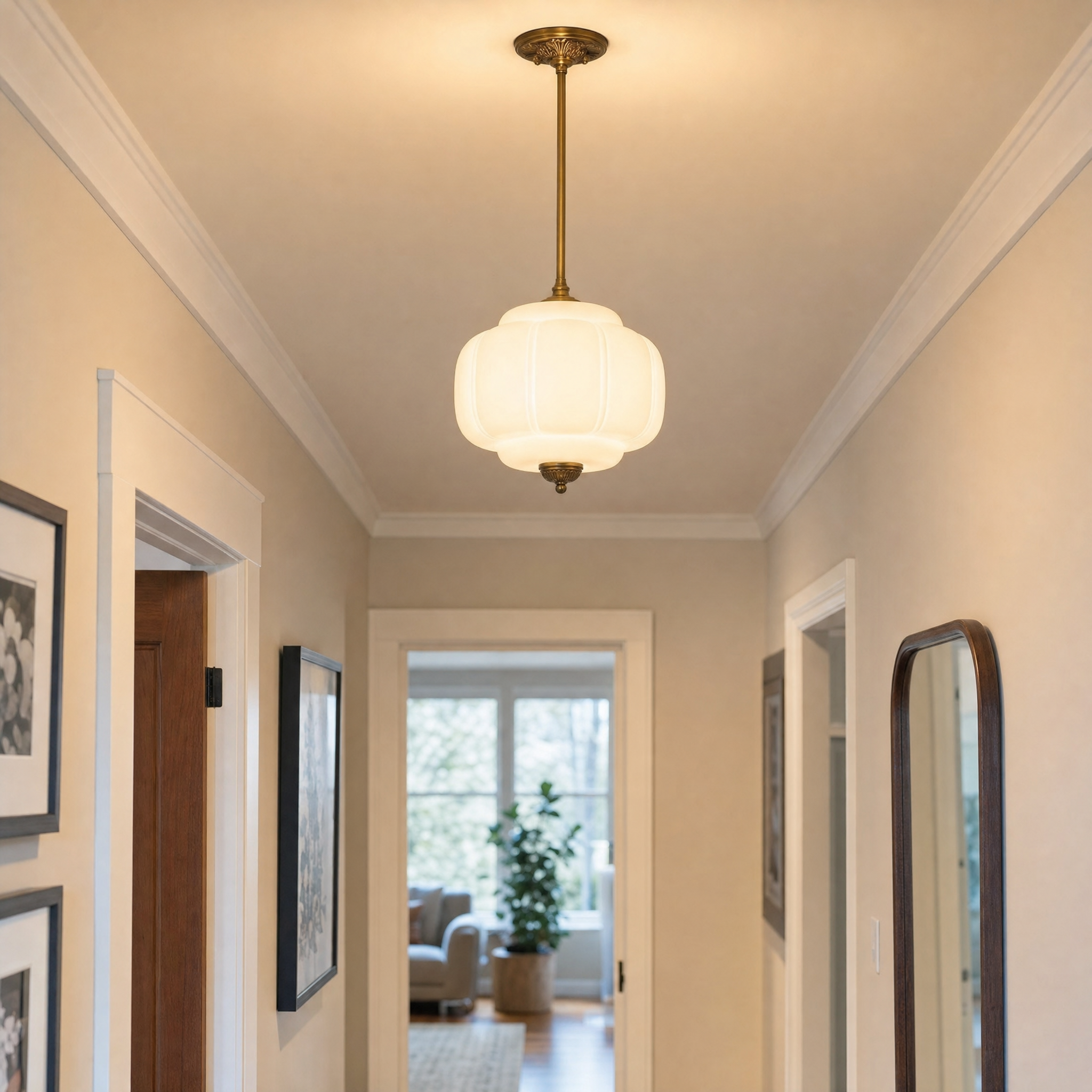 Eloise scallop milk glass pendant light in a hallway with gallery wall
