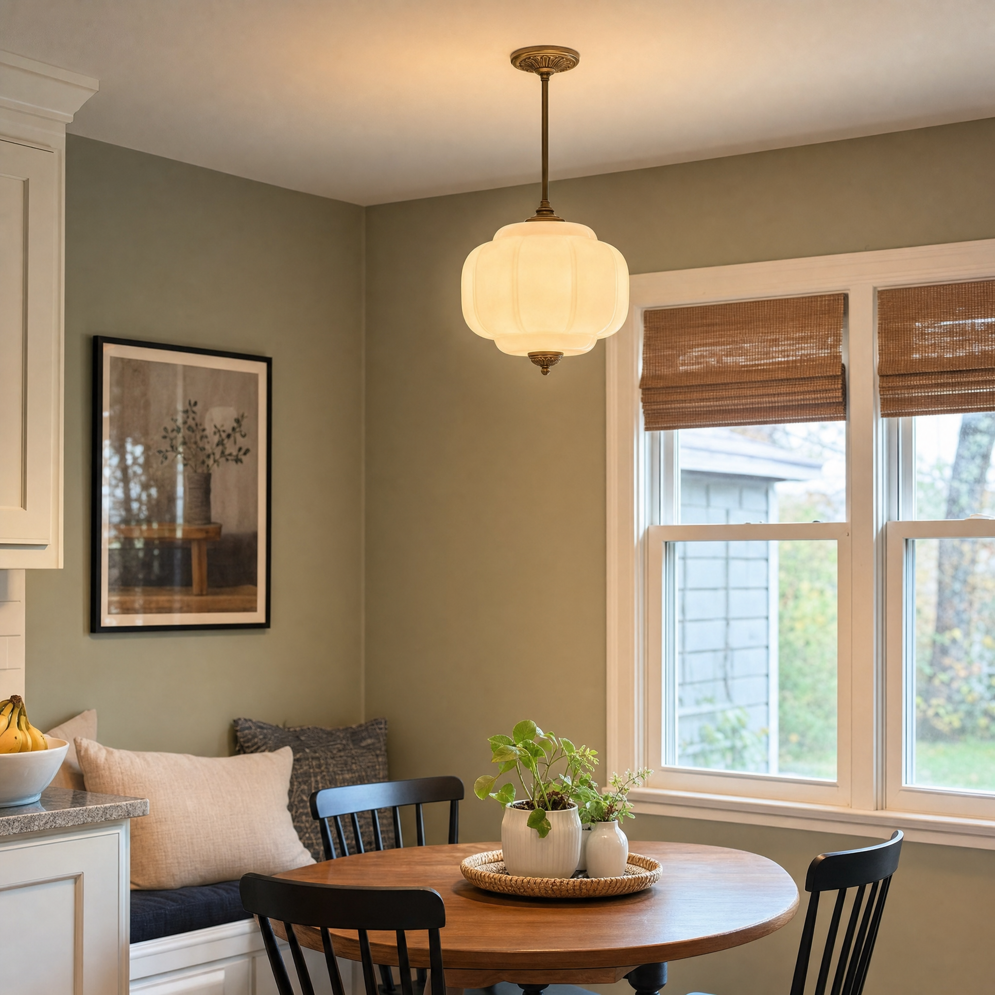 Eloise scallop milk glass pendant light over a breakfast nook table