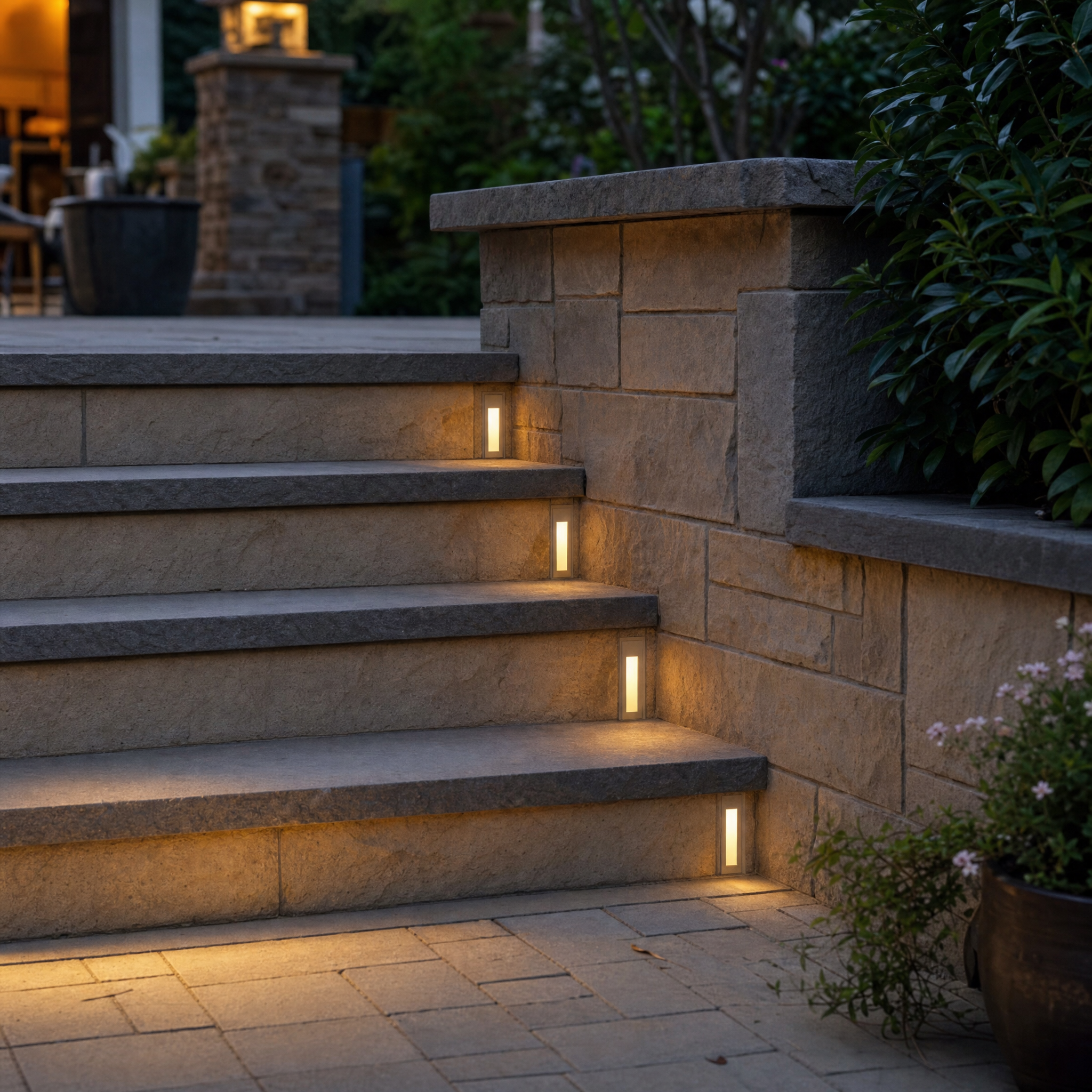 Recessed LED stairway step lights on stone outdoor steps at dusk