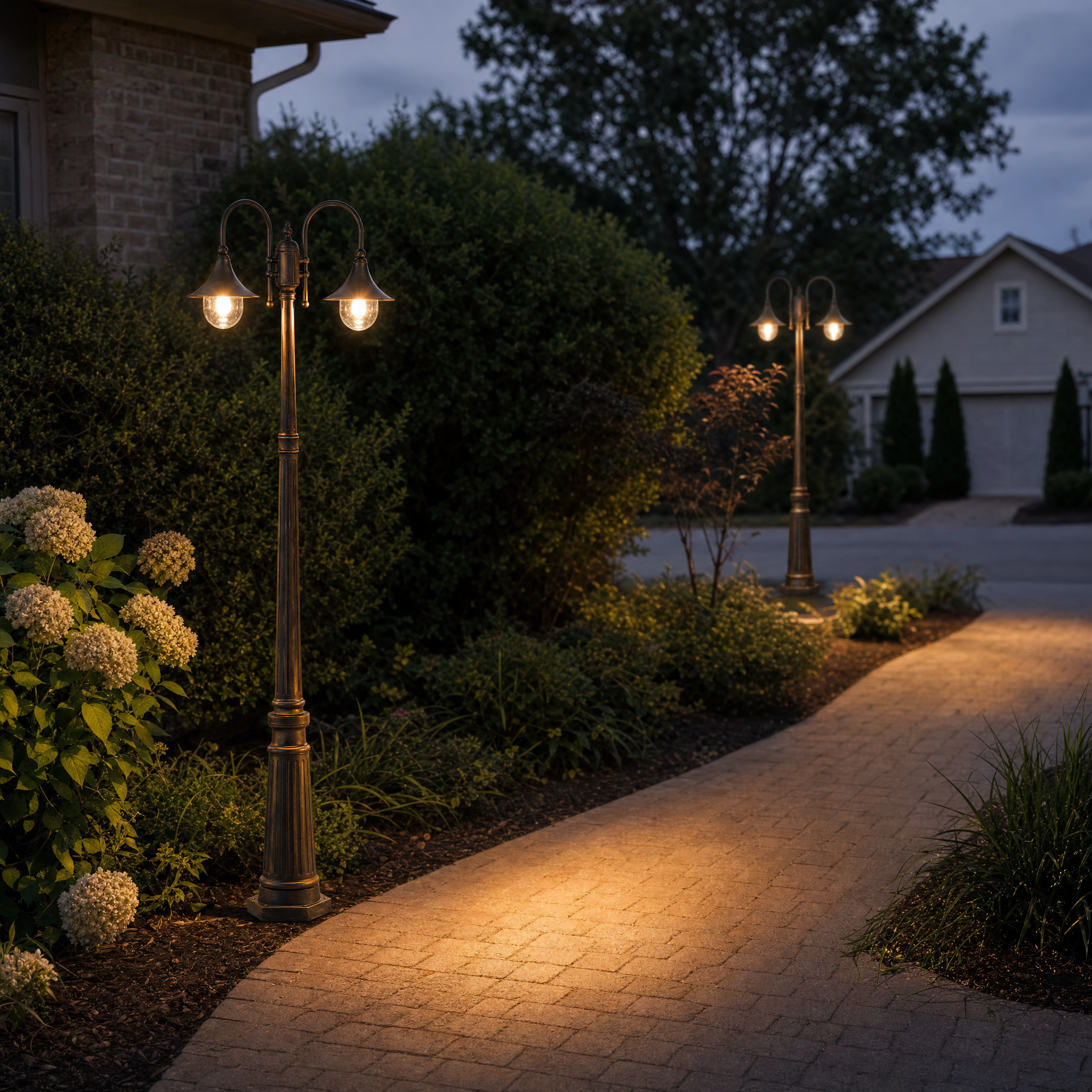 Flared vintage outdoor pathway pole lights lining a paver walkway at dusk