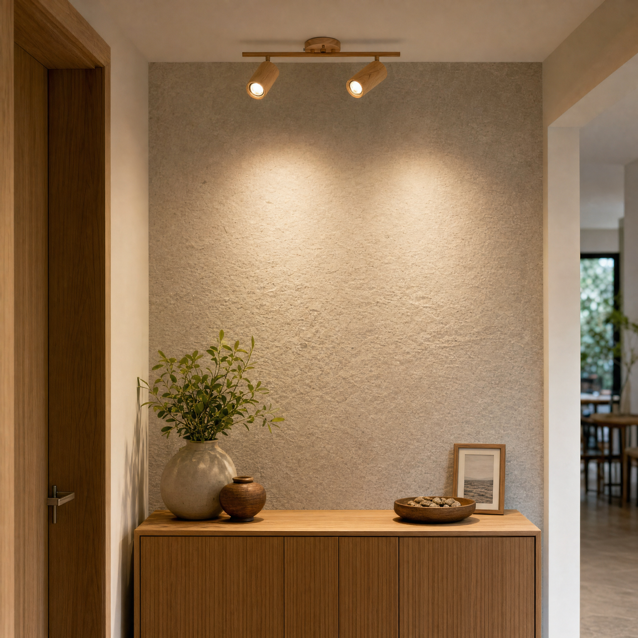 Shaker wood long spotlight in entryway above sideboard