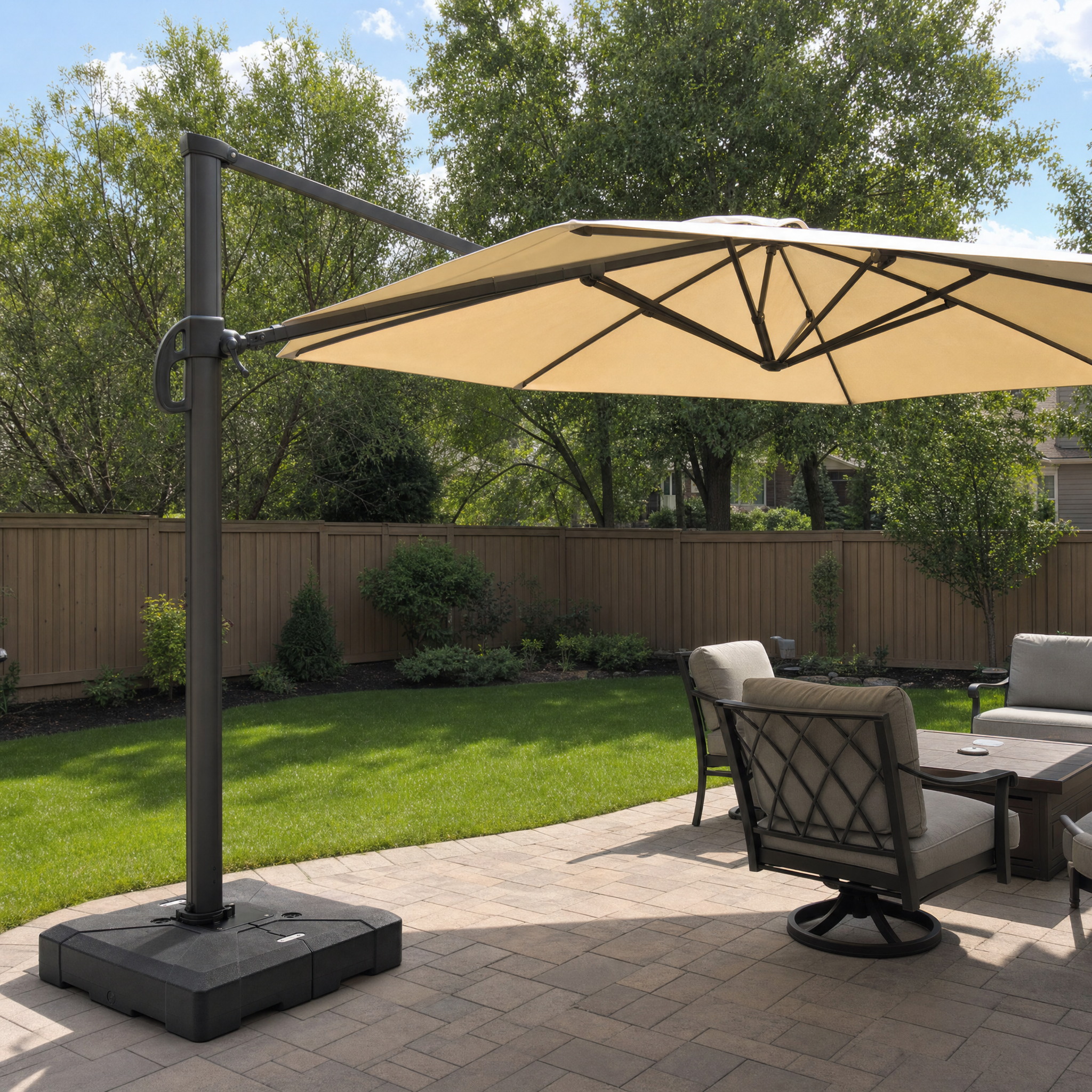PURPLE LEAF cantilever umbrella base anchoring patio umbrella on backyard patio