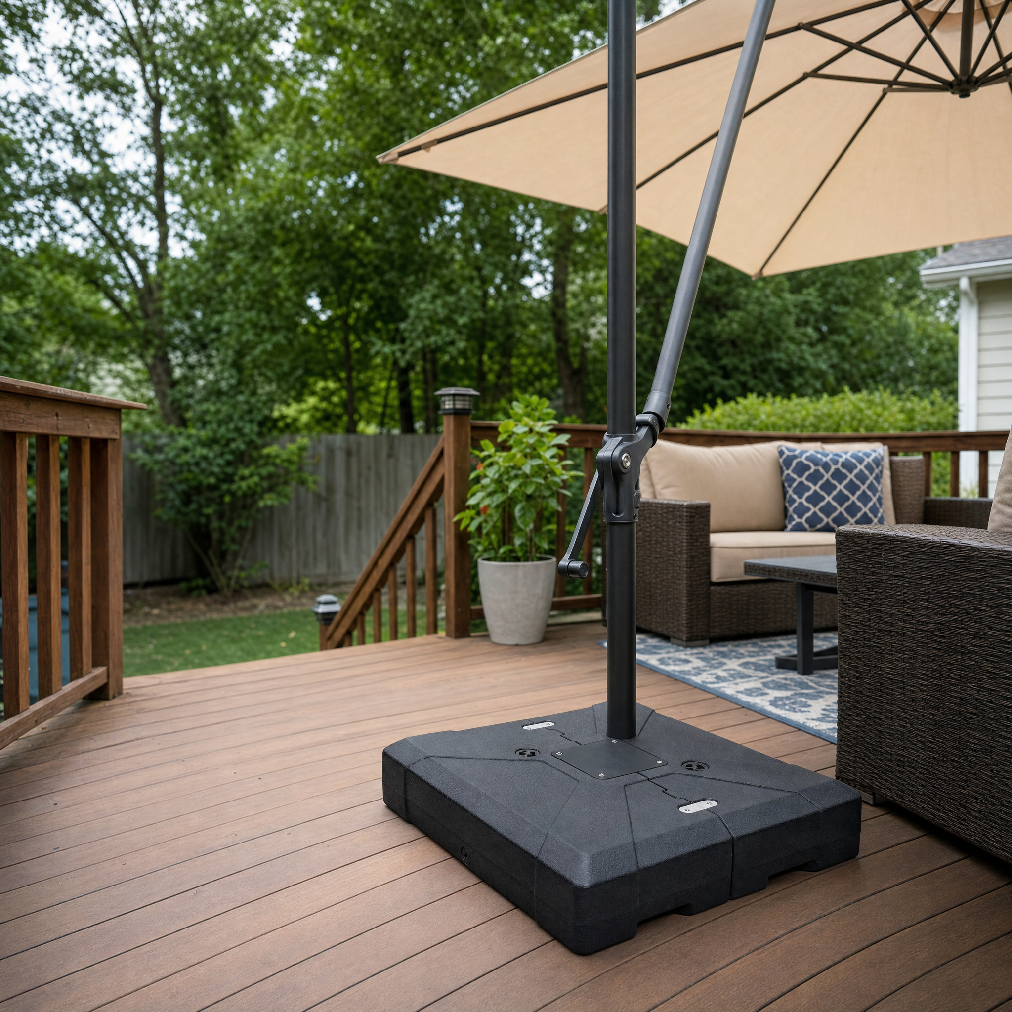 PURPLE LEAF cantilever umbrella base on wood deck with patio seating