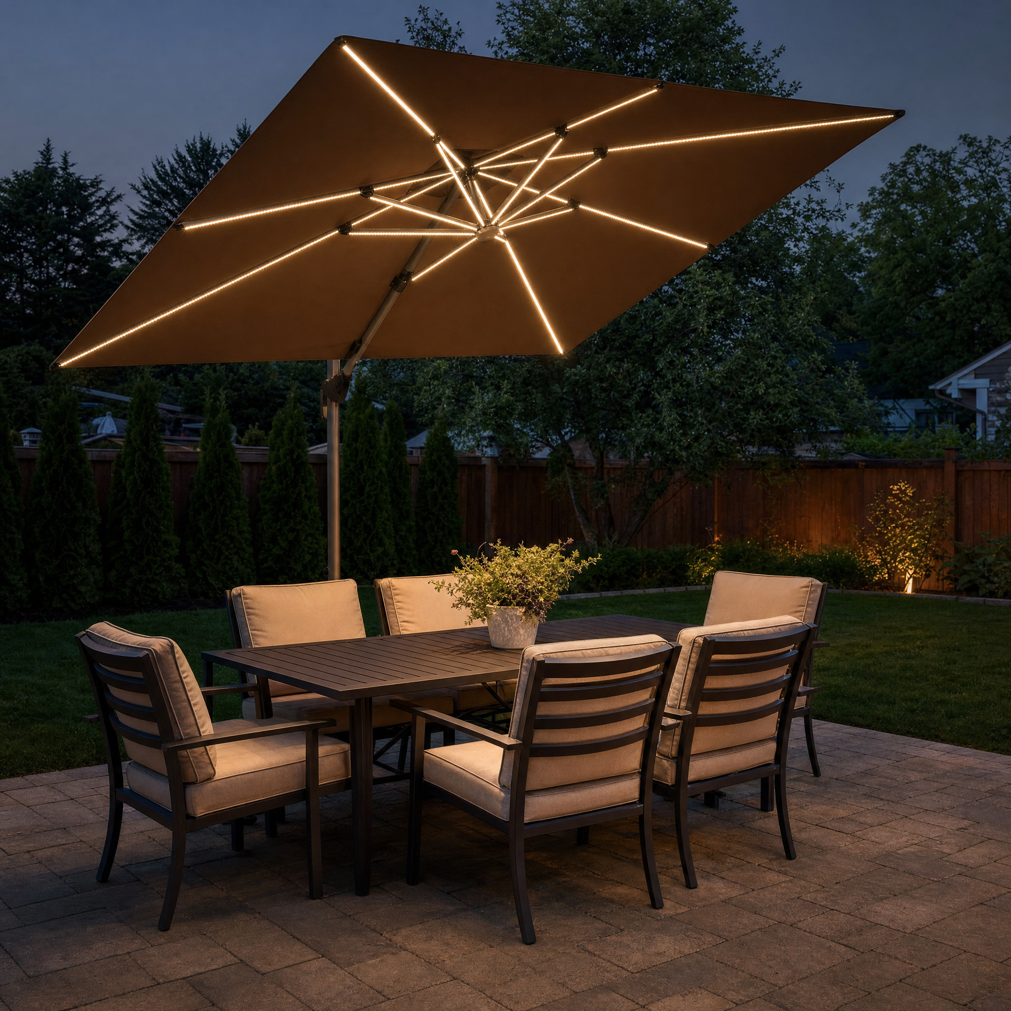 Solar LED rectangular cantilever patio umbrella over backyard dining set at dusk