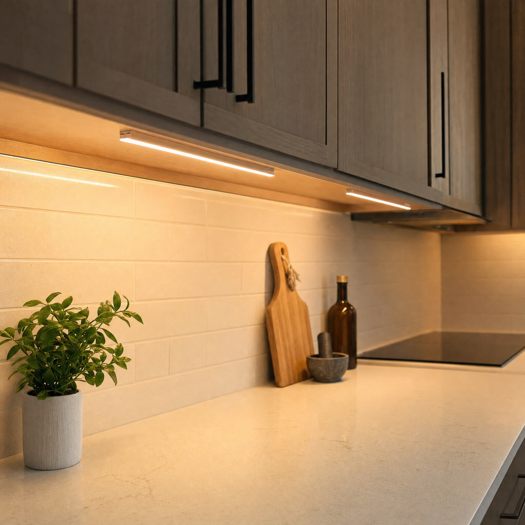 Recessed LED linear light installed under kitchen cabinets
