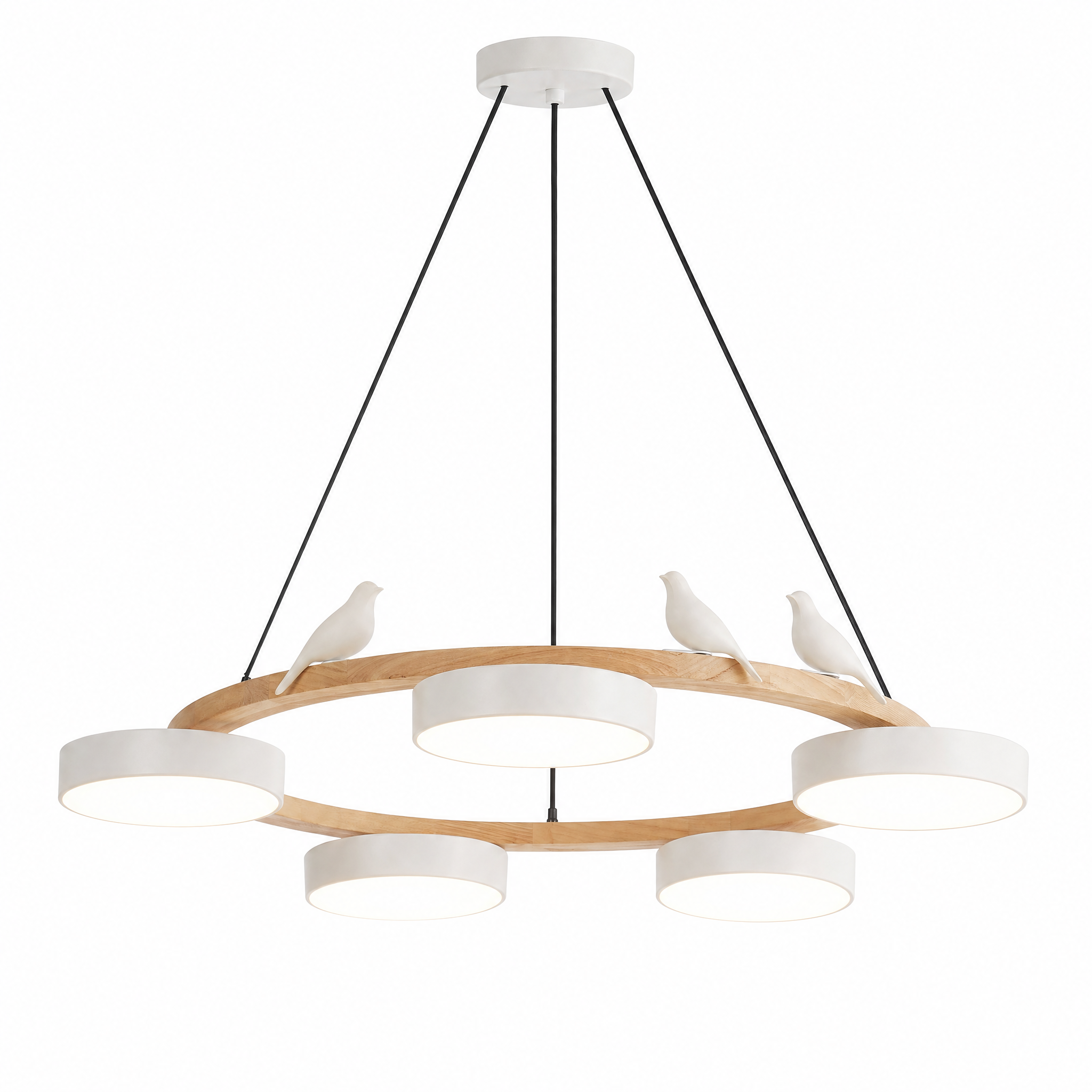 Sienna Bird round wood chandelier with white drum shades and bird figurines on white background