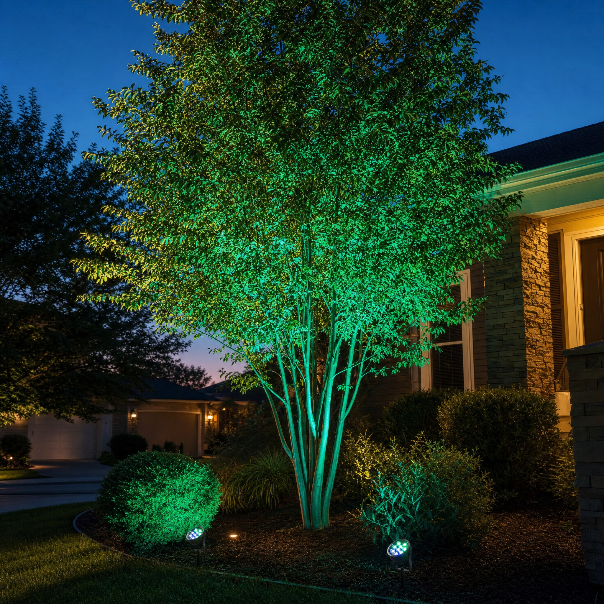 RGB LED tree spotlight - green landscape tree wash at dusk