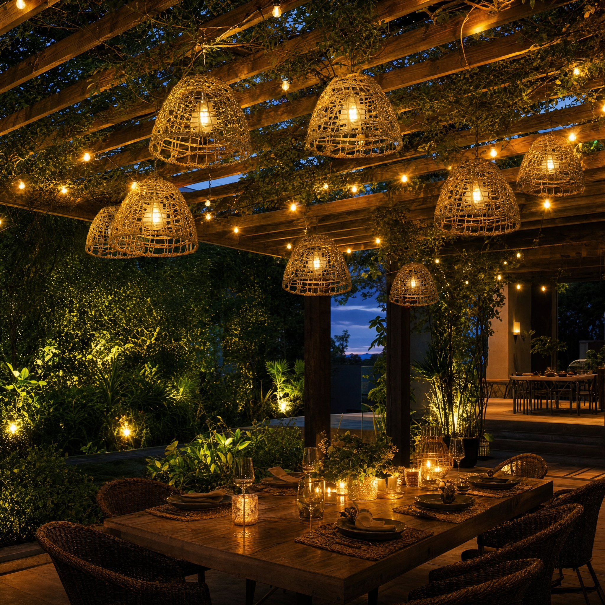Solar Bell Rattan Lanterns - bohemian pergola lifestyle