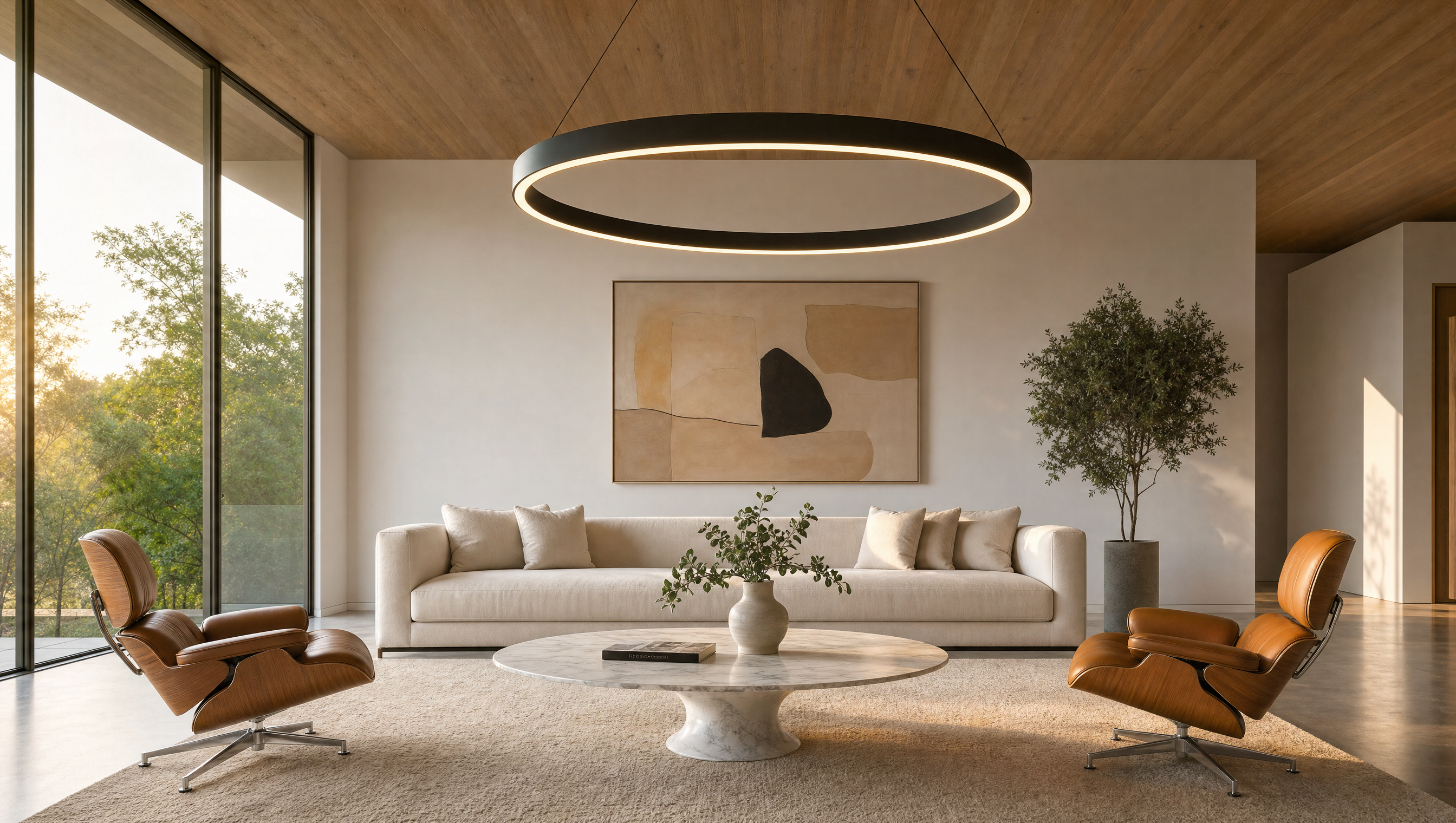 Velorvi hero - modern luxury living room with circular ring chandelier