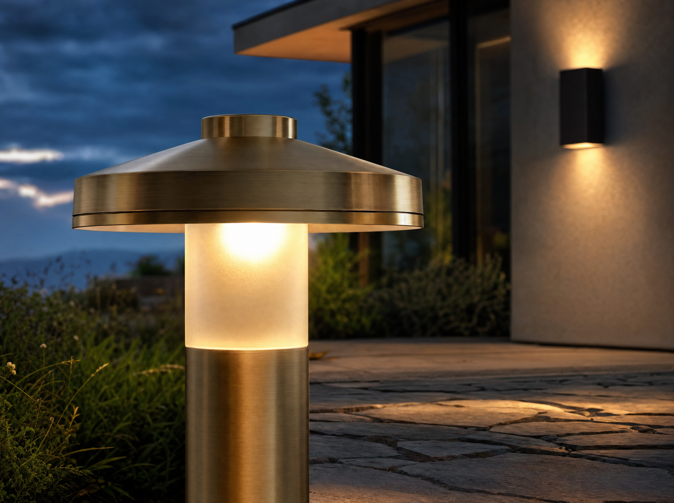 Outdoor Lighting - brass pathway light close-up