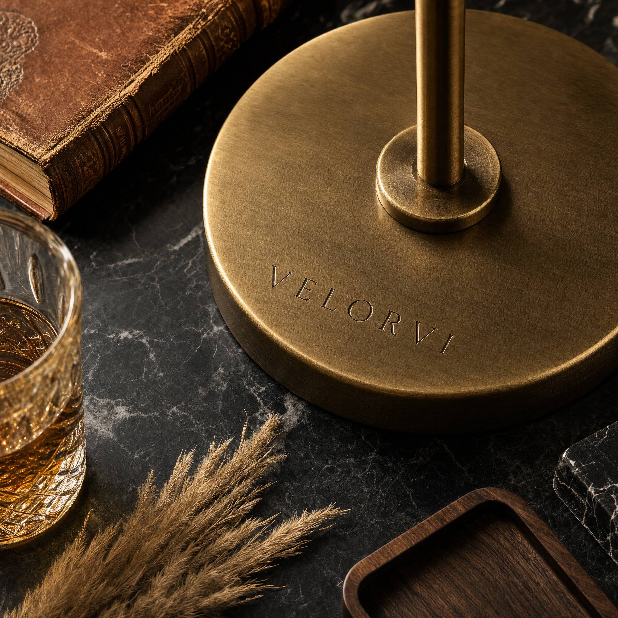 Velorvi - Engraved brass lamp base on dark marble with leather book and whiskey glass